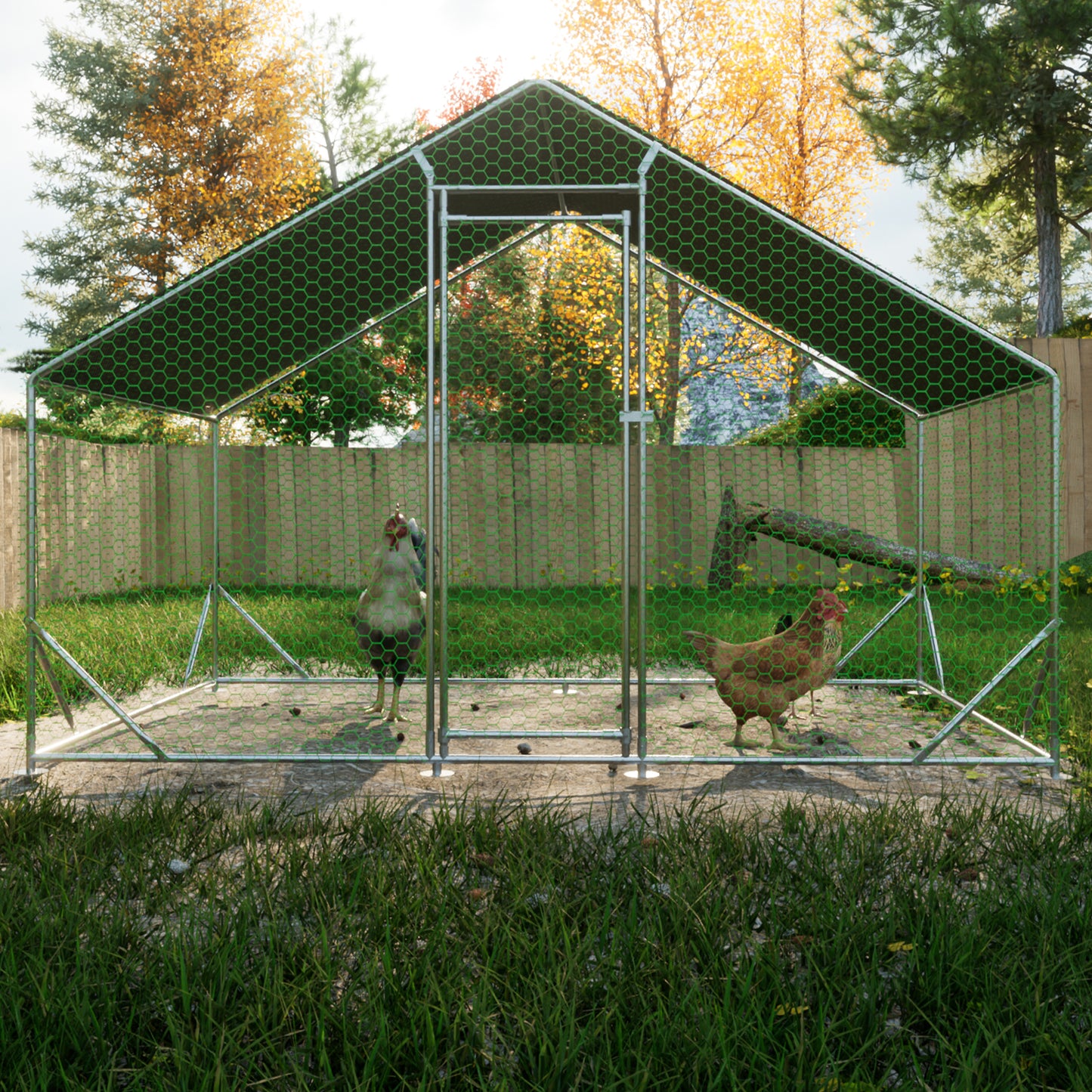 Green mesh chicken coop with two chickens in an outdoor grassy area