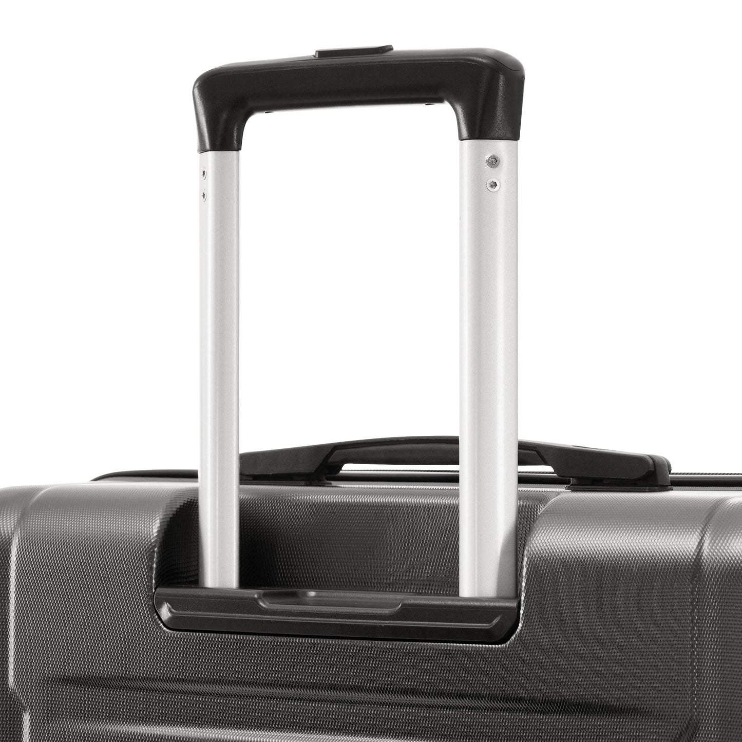 Silver telescoping handle with black grip on textured charcoal luggage