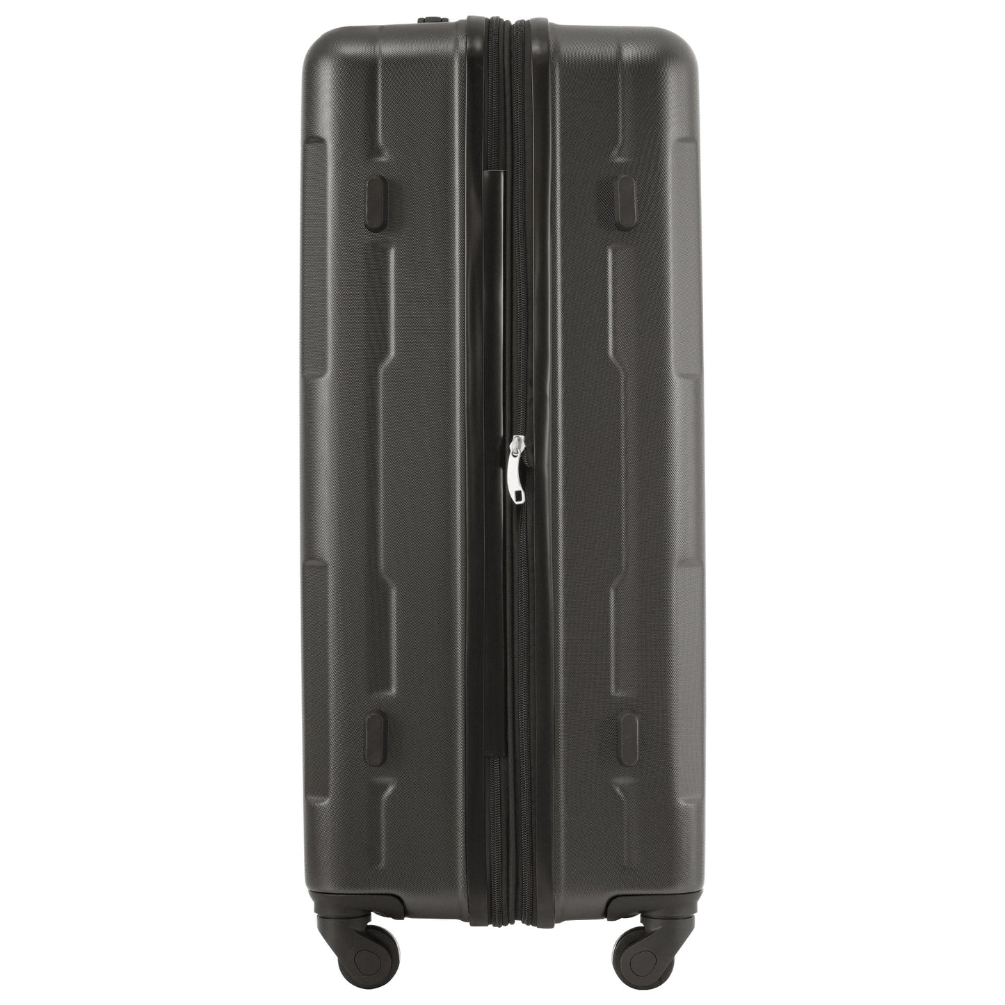 Dark gray textured hardside spinner luggage with a silver zipper pull and four black wheels