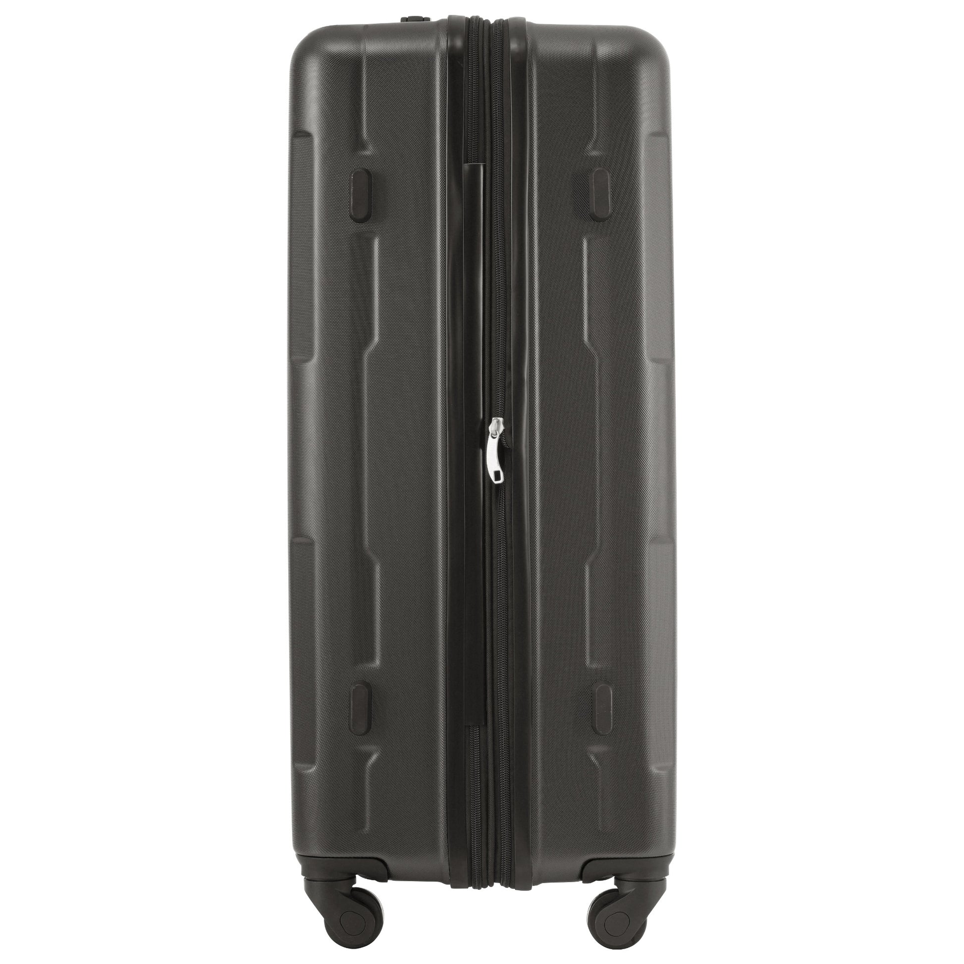 Dark gray textured hardside spinner luggage with a silver zipper pull and four black wheels