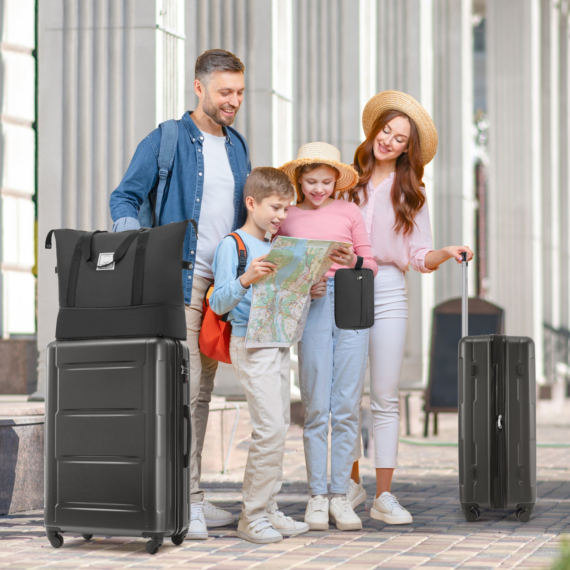 Black spinner luggage set with durable hardshell exterior perfect for travel