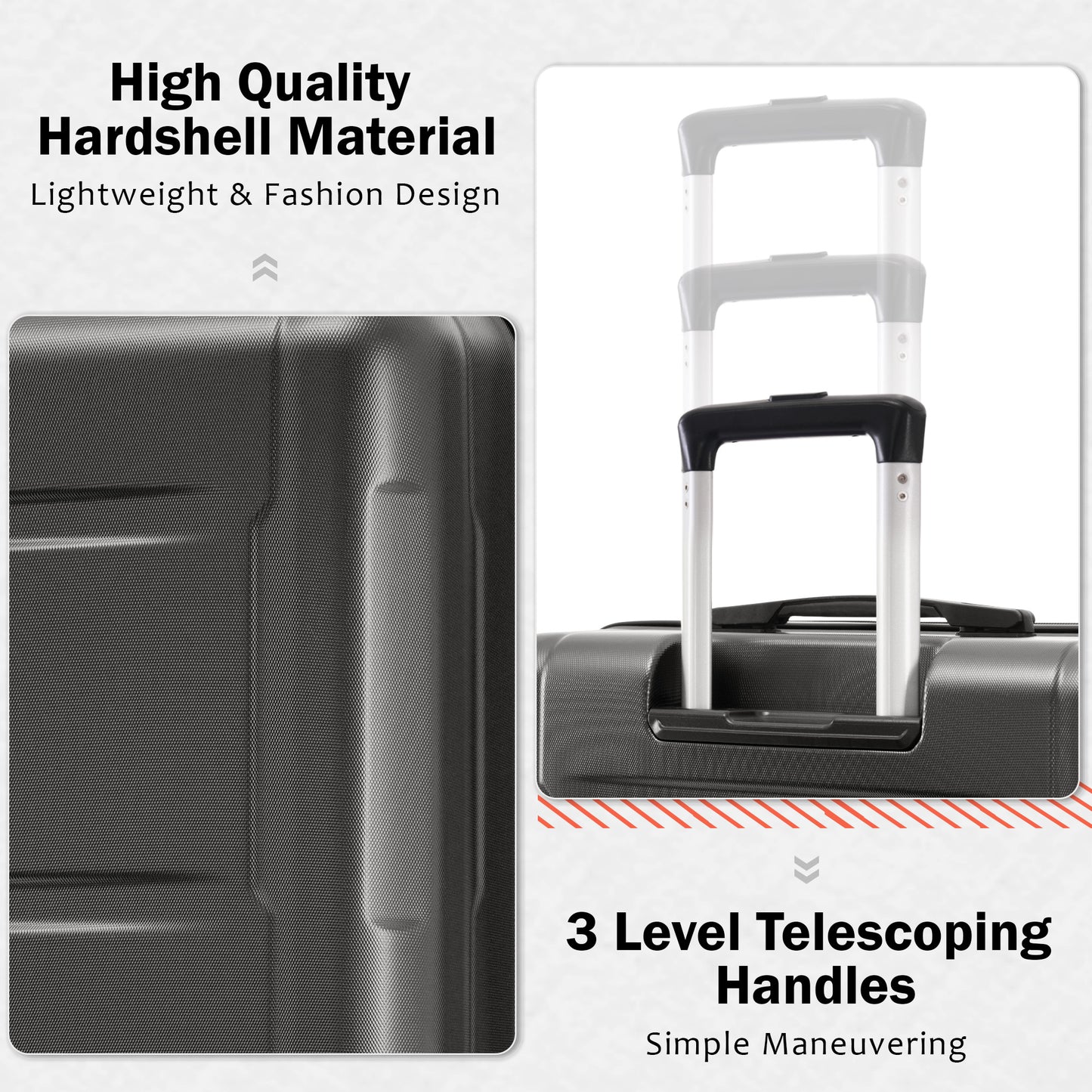 Dark grey hardshell luggage with textured finish and silver telescoping handle