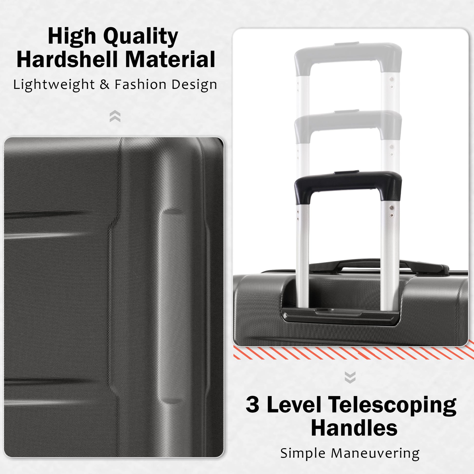 Dark grey hardshell luggage with textured finish and silver telescoping handle
