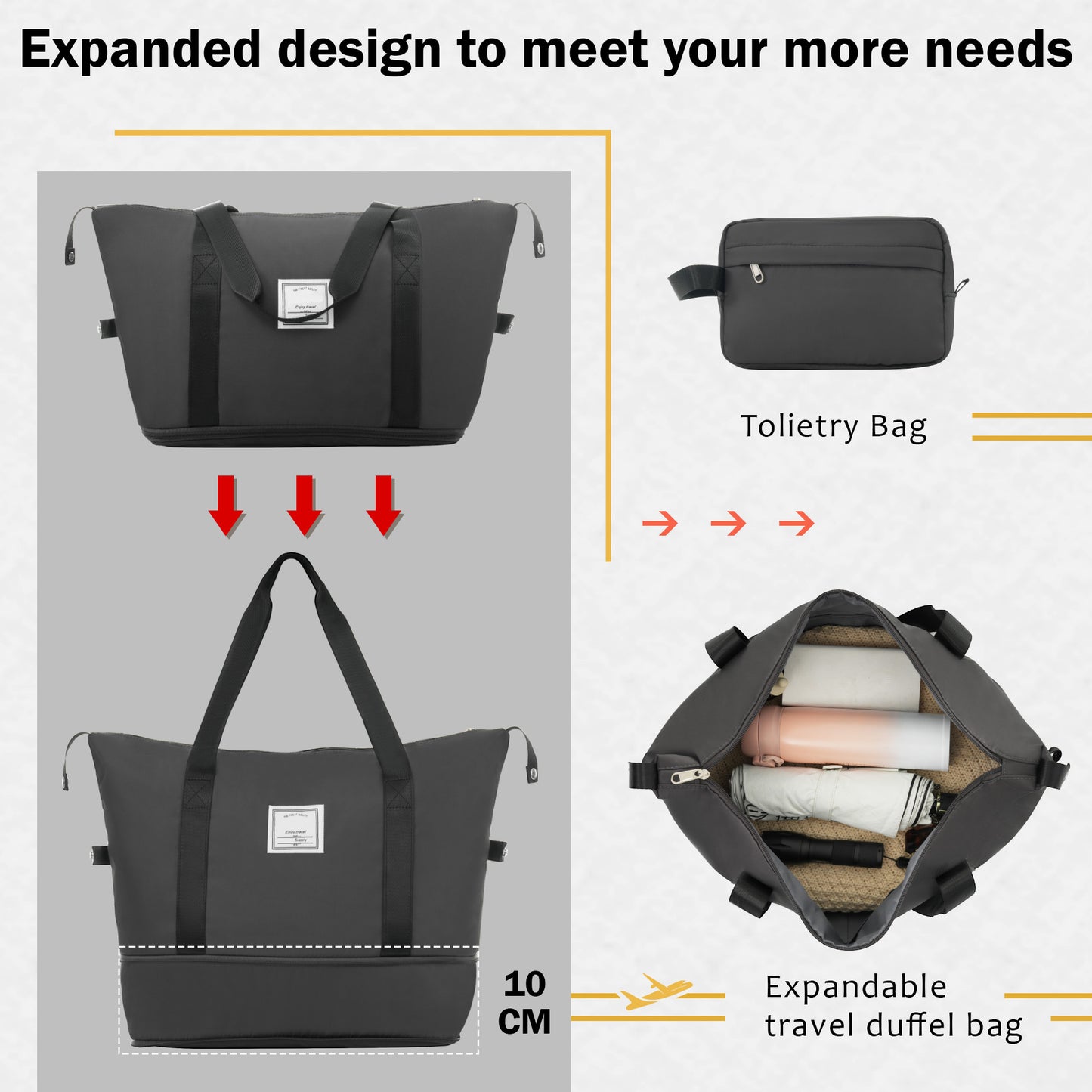 Dark grey expandable travel duffel bag shown in its full size with top handles and a side compartment
