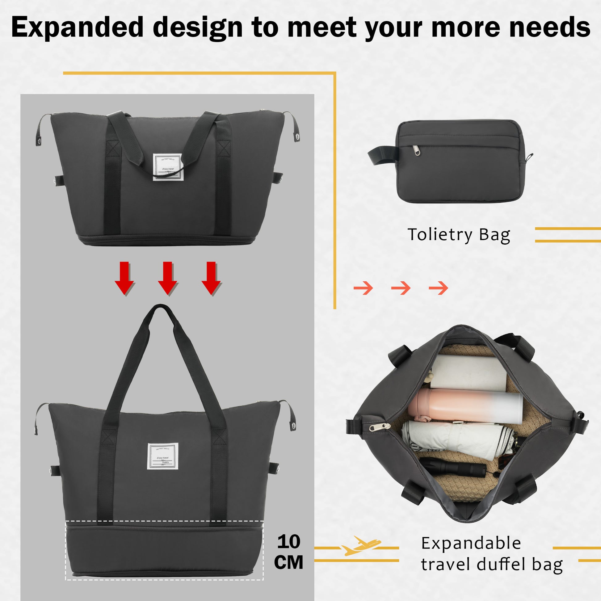 Dark grey expandable travel duffel bag shown in its full size with top handles and a side compartment