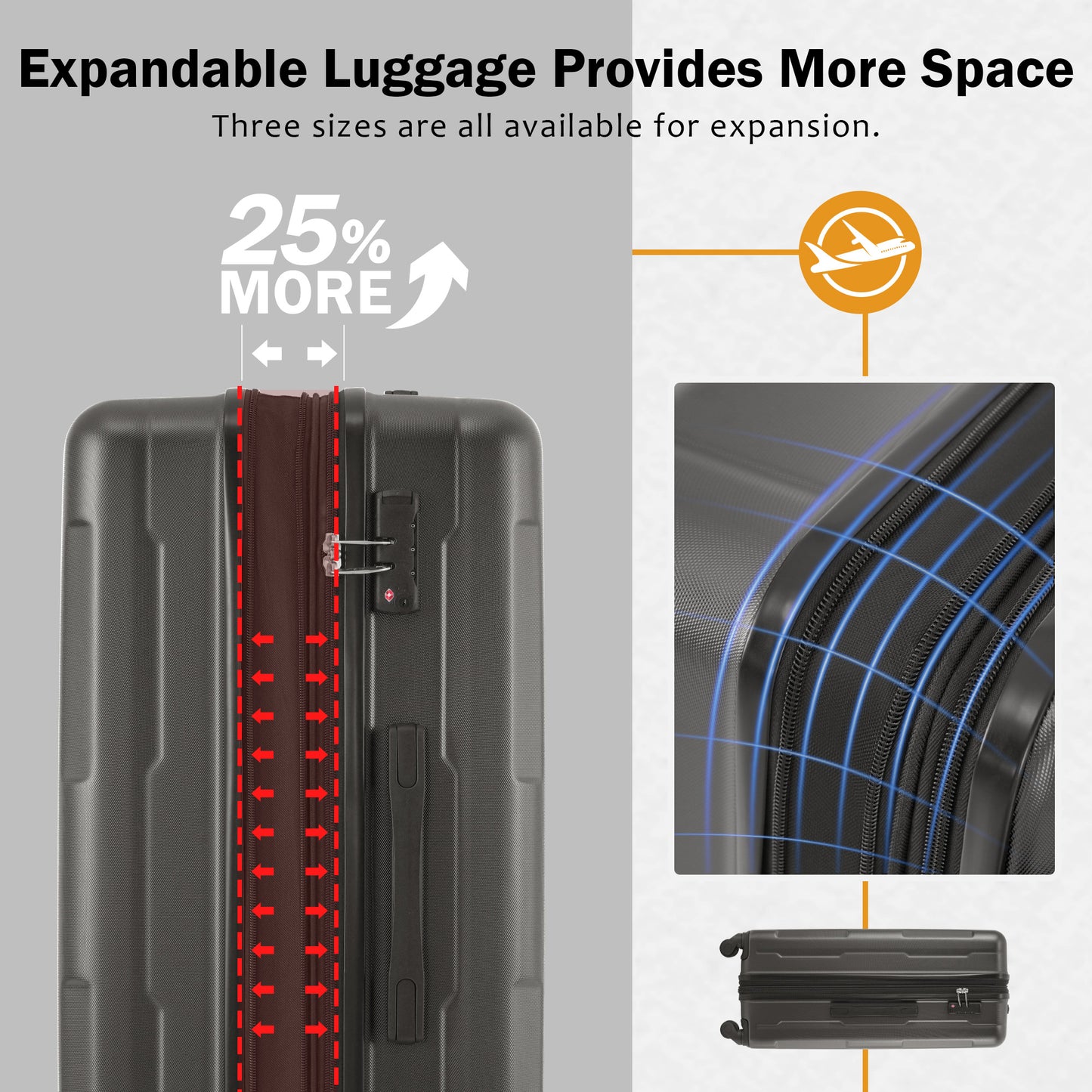 Dark grey expandable luggage with TSA lock showing  more space