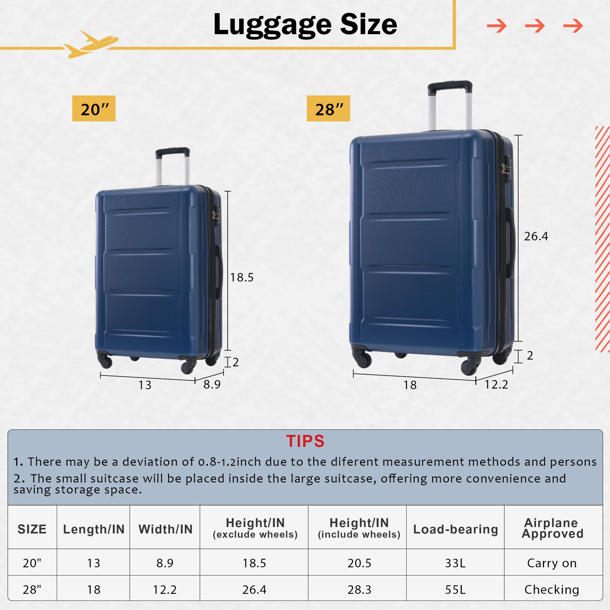 Navy blue inch hardside spinner luggage with TSA lock in height