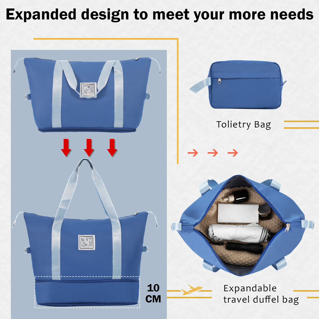 Blue expandable travel duffel bag shown in two sizes and open for packing