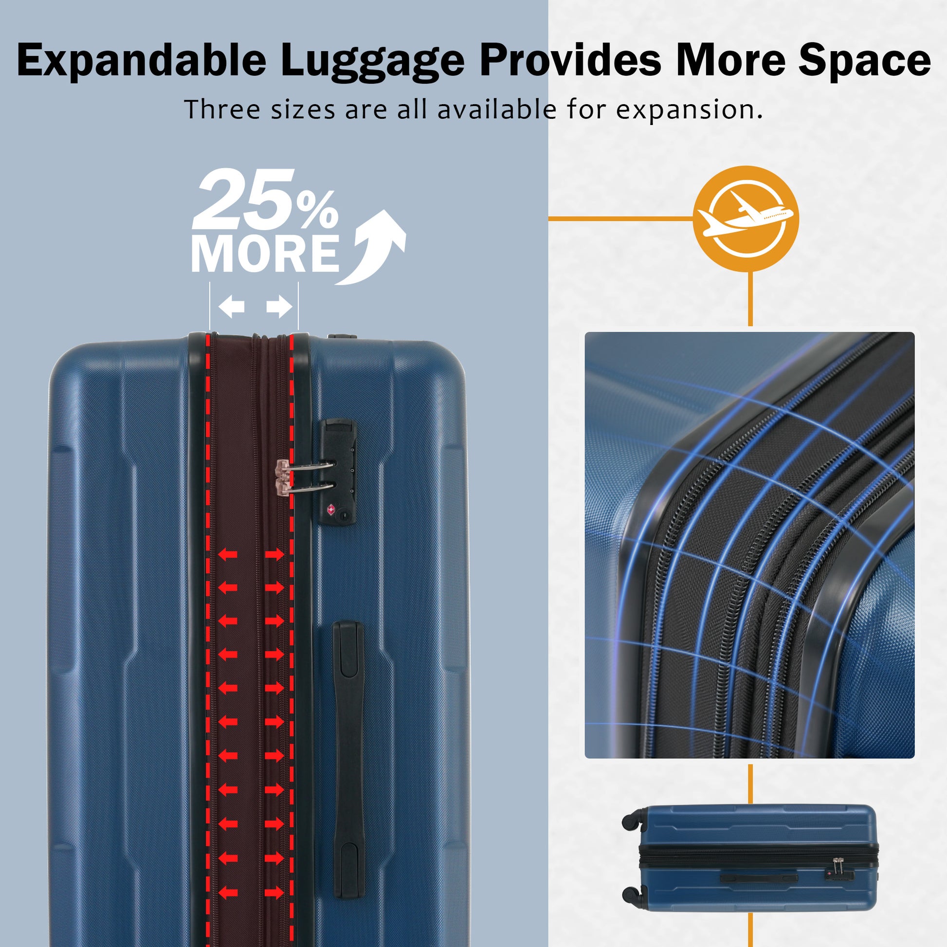 Blue expandable luggage with TSA lock and reinforced zipper detail for travel