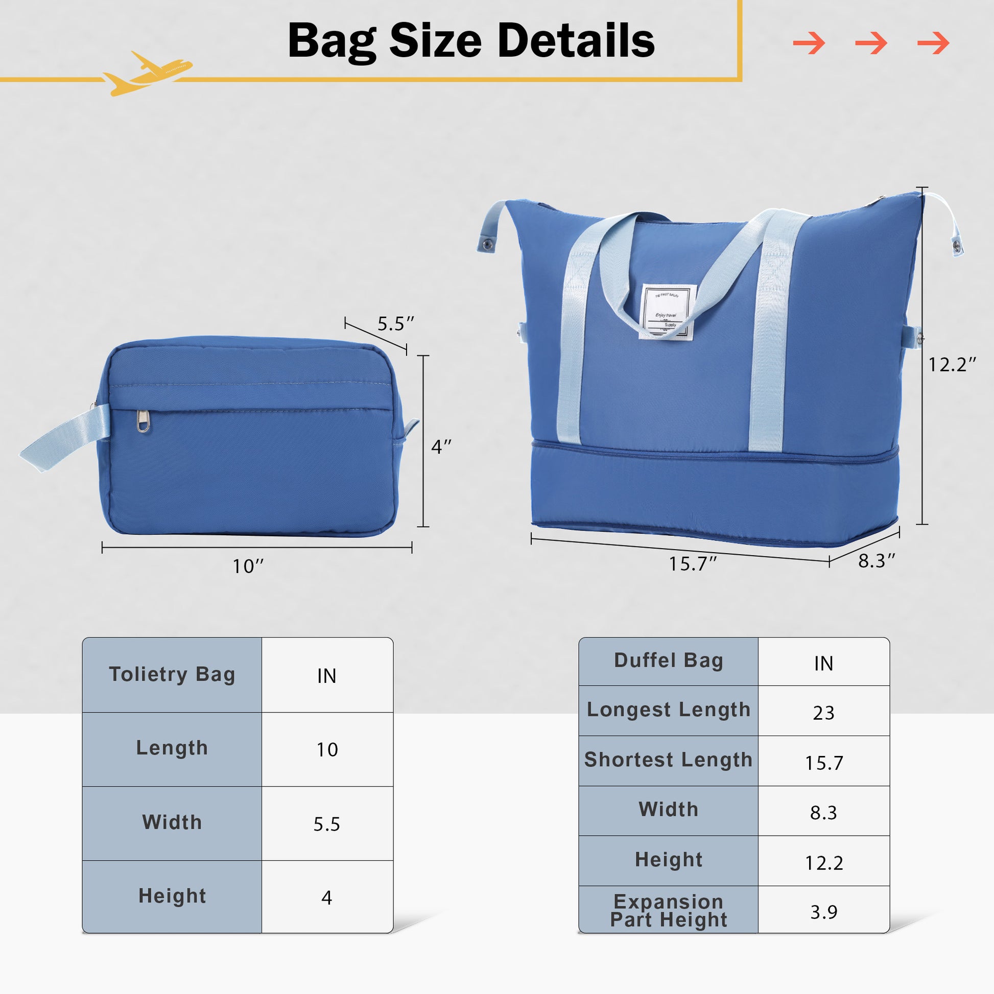 Blue duffel bag with light blue straps measures  x  x