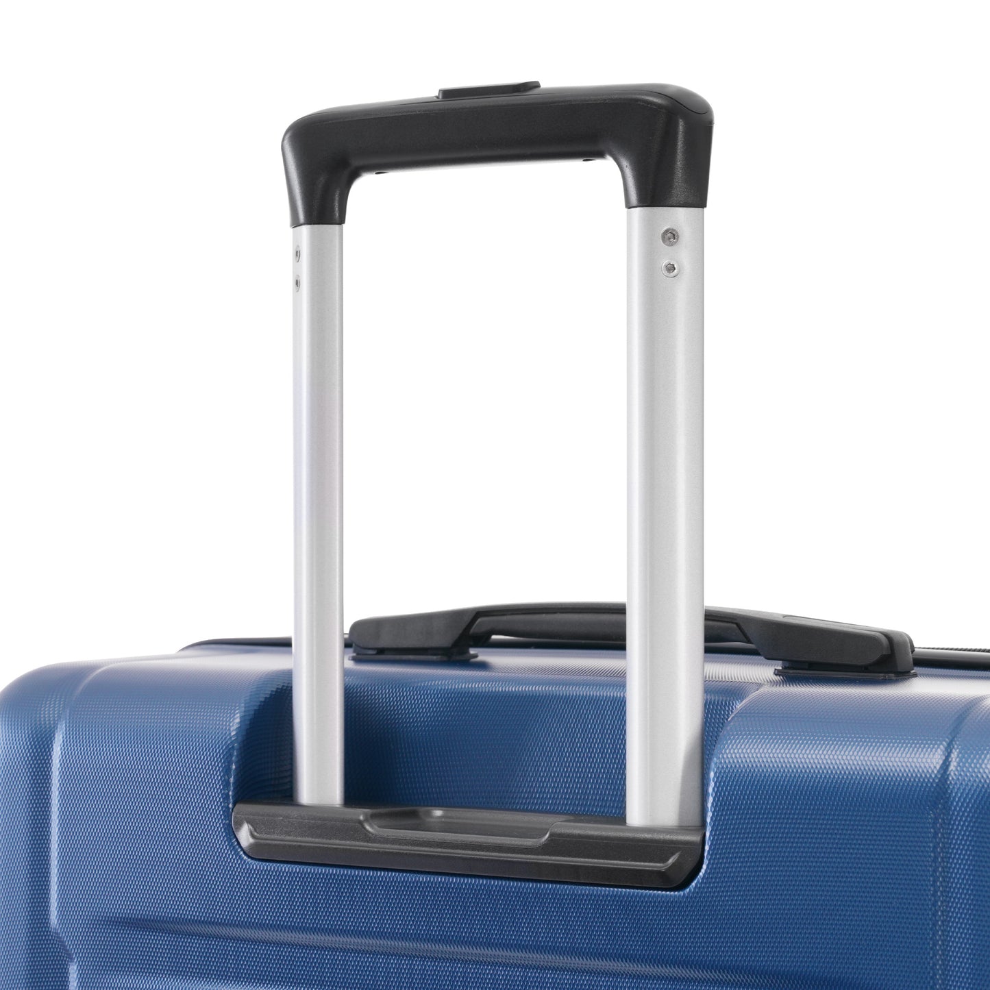 Closeup of a blue polycarbonate suitcase with a retractable handle