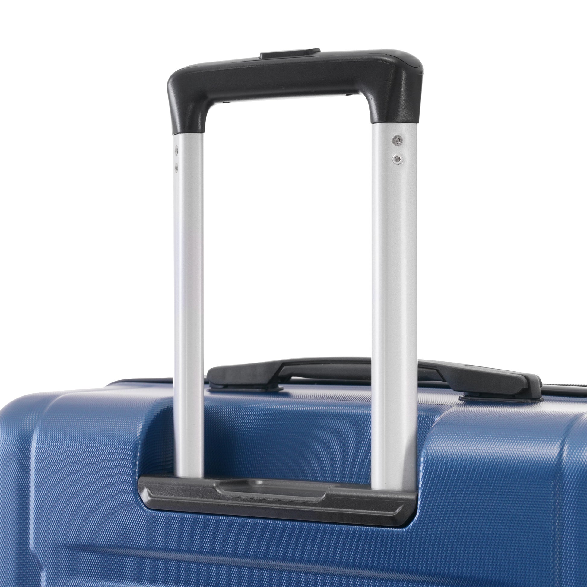 Closeup of a blue polycarbonate suitcase with a retractable handle