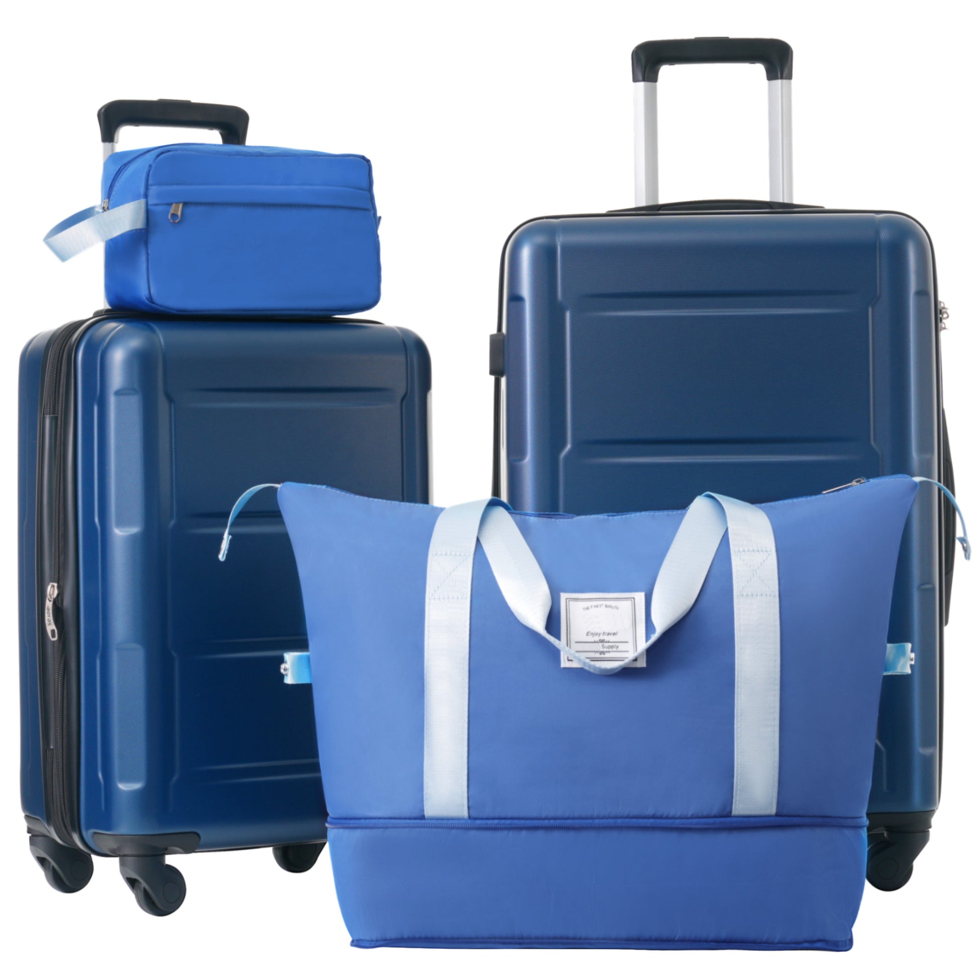 Blue hardshell rolling luggage with attached blue duffel bag and toiletry kit