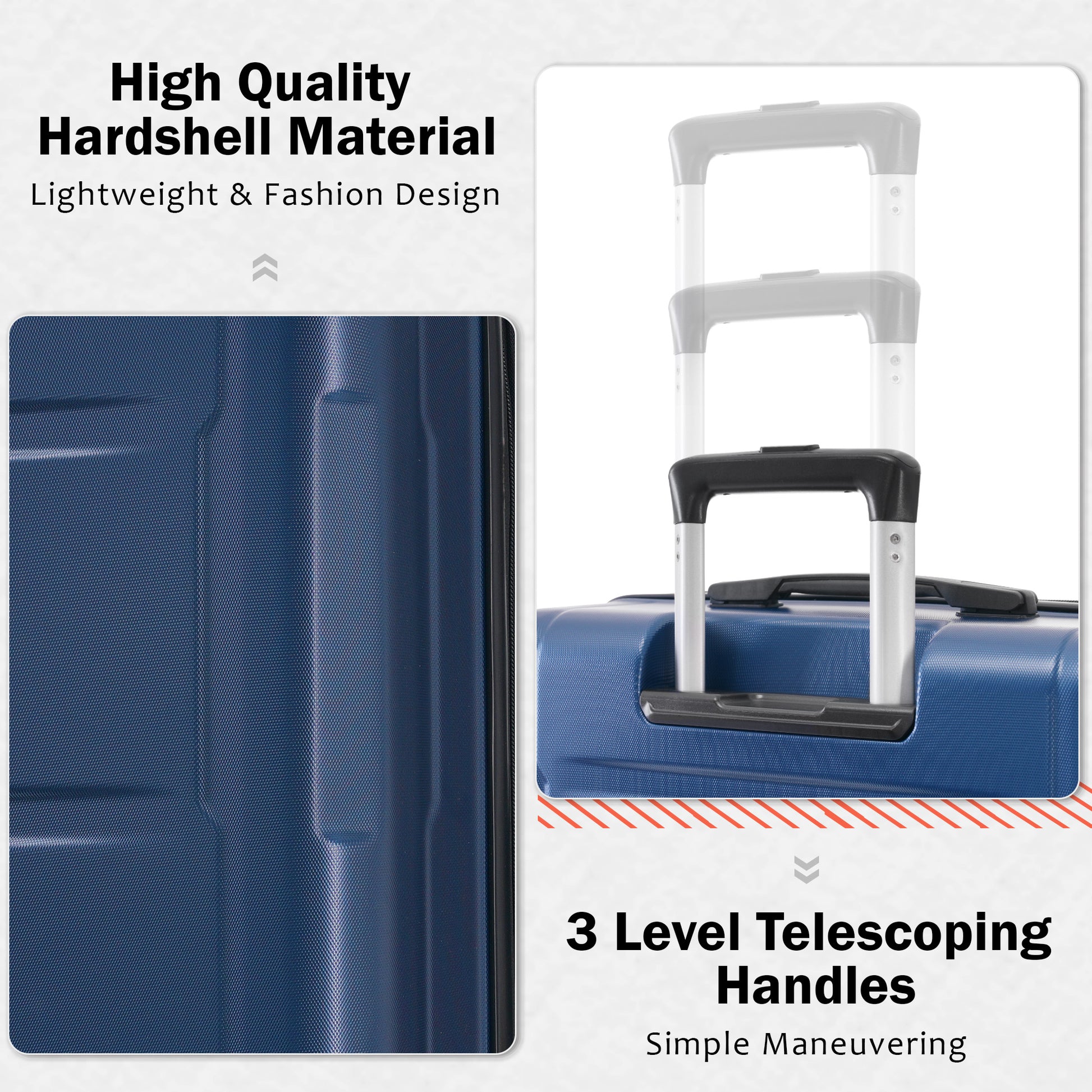 Closeup of navy blue hardshell suitcase exterior with textured pattern showcasing quality material