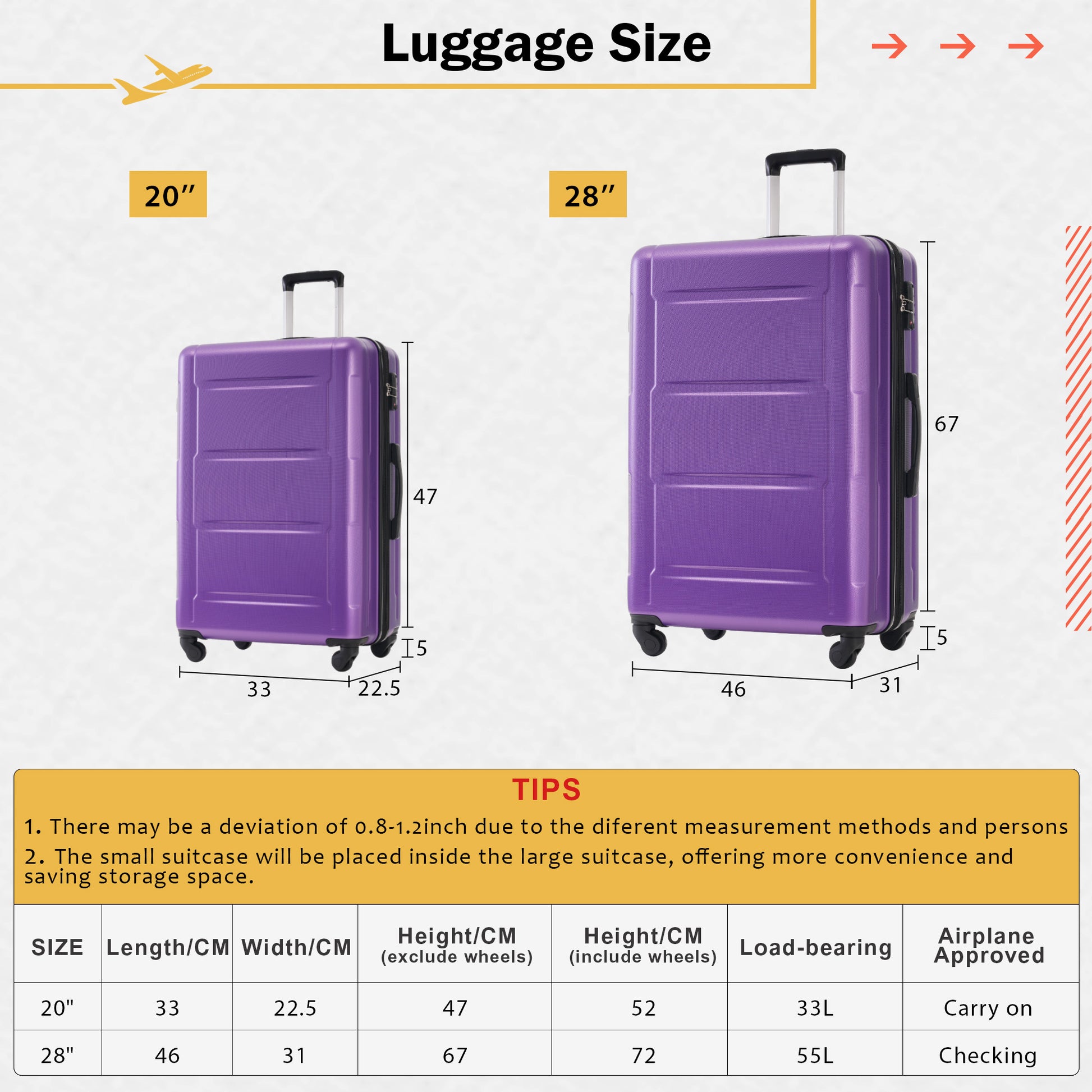 Purple inch hardside spinner suitcase dimensions xxcm airplane carryon