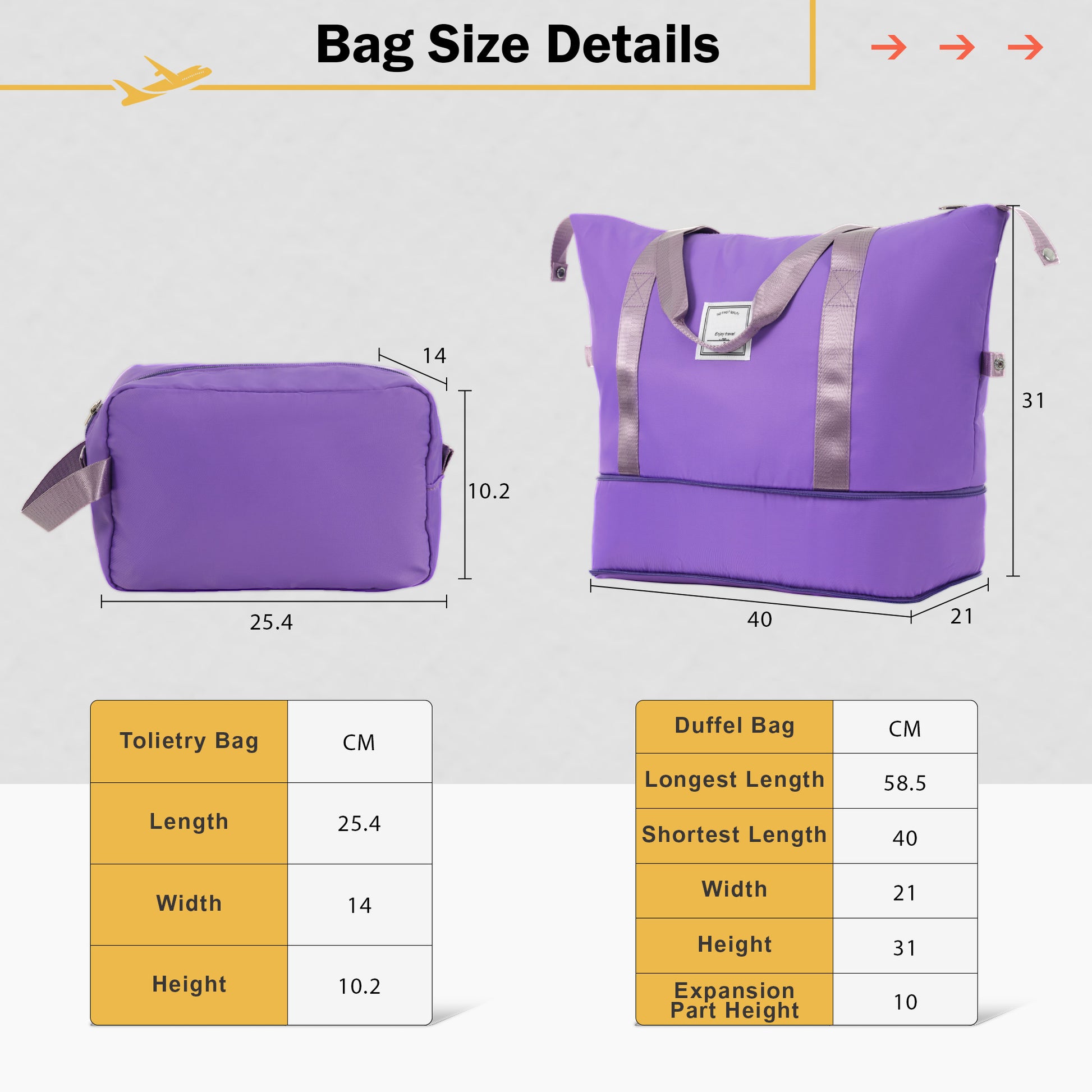 Purple duffel bag with dual handles side pocket and expansion feature dimensions xx cm