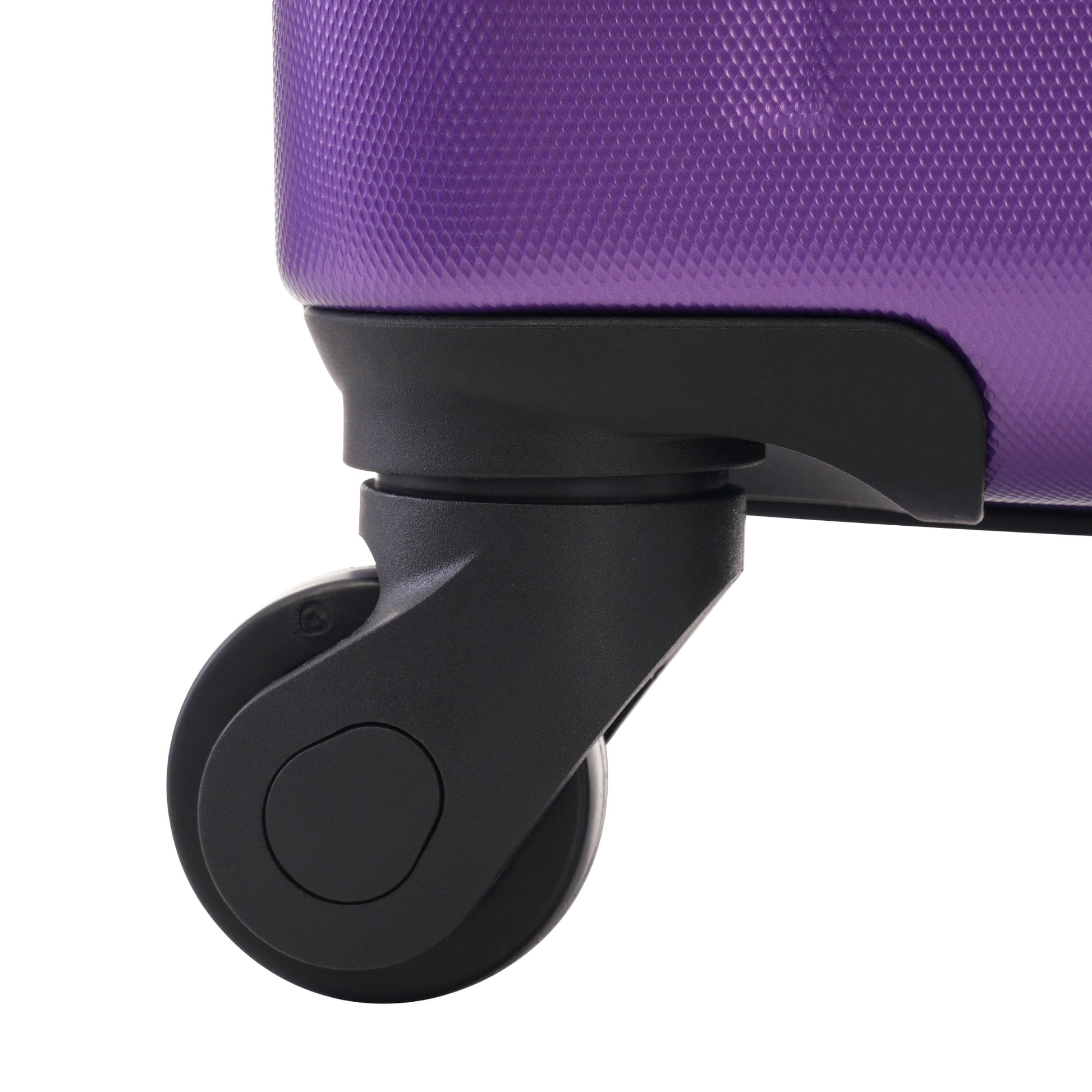 Purple textured luggage wheel assembly with black casing and durable spinner wheel