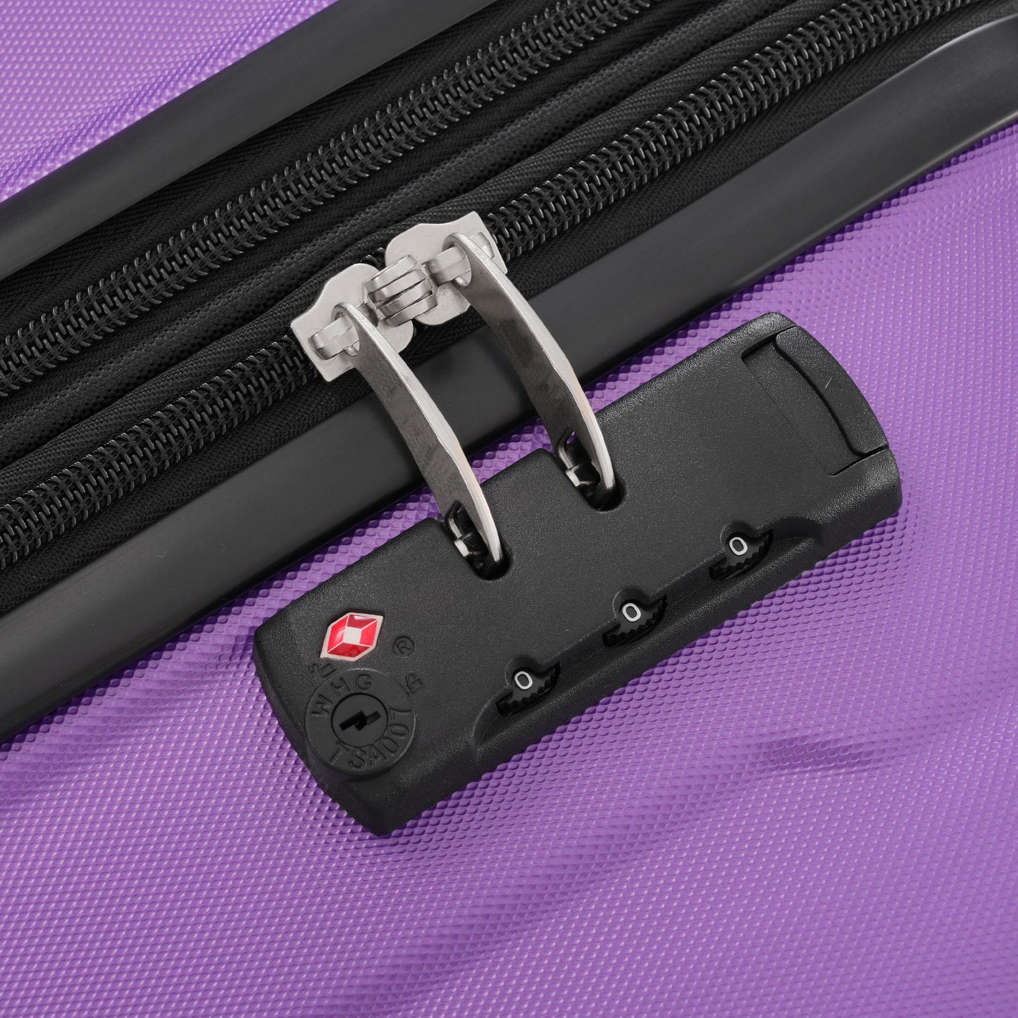 Purple hardside luggage with TSAapproved combination lock and black zipper