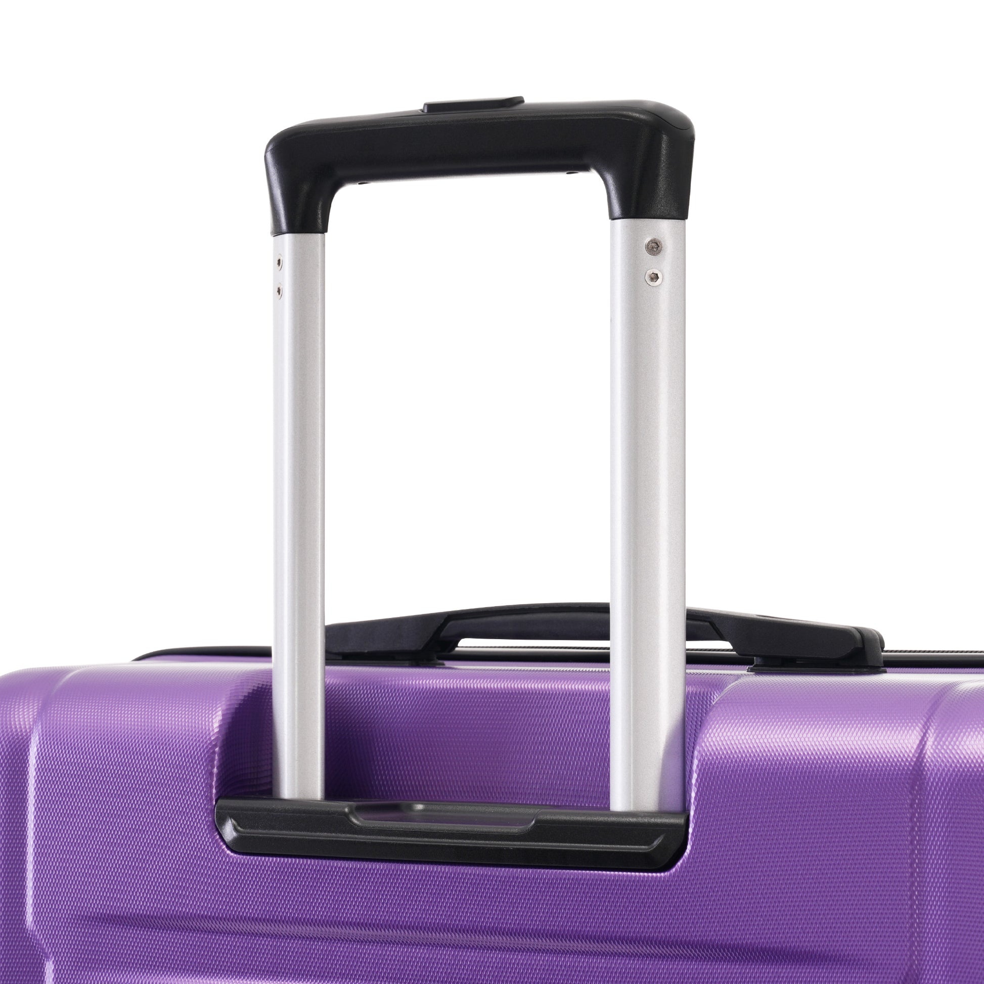 Close up of a textured purple suitcase with a telescoping aluminum handle