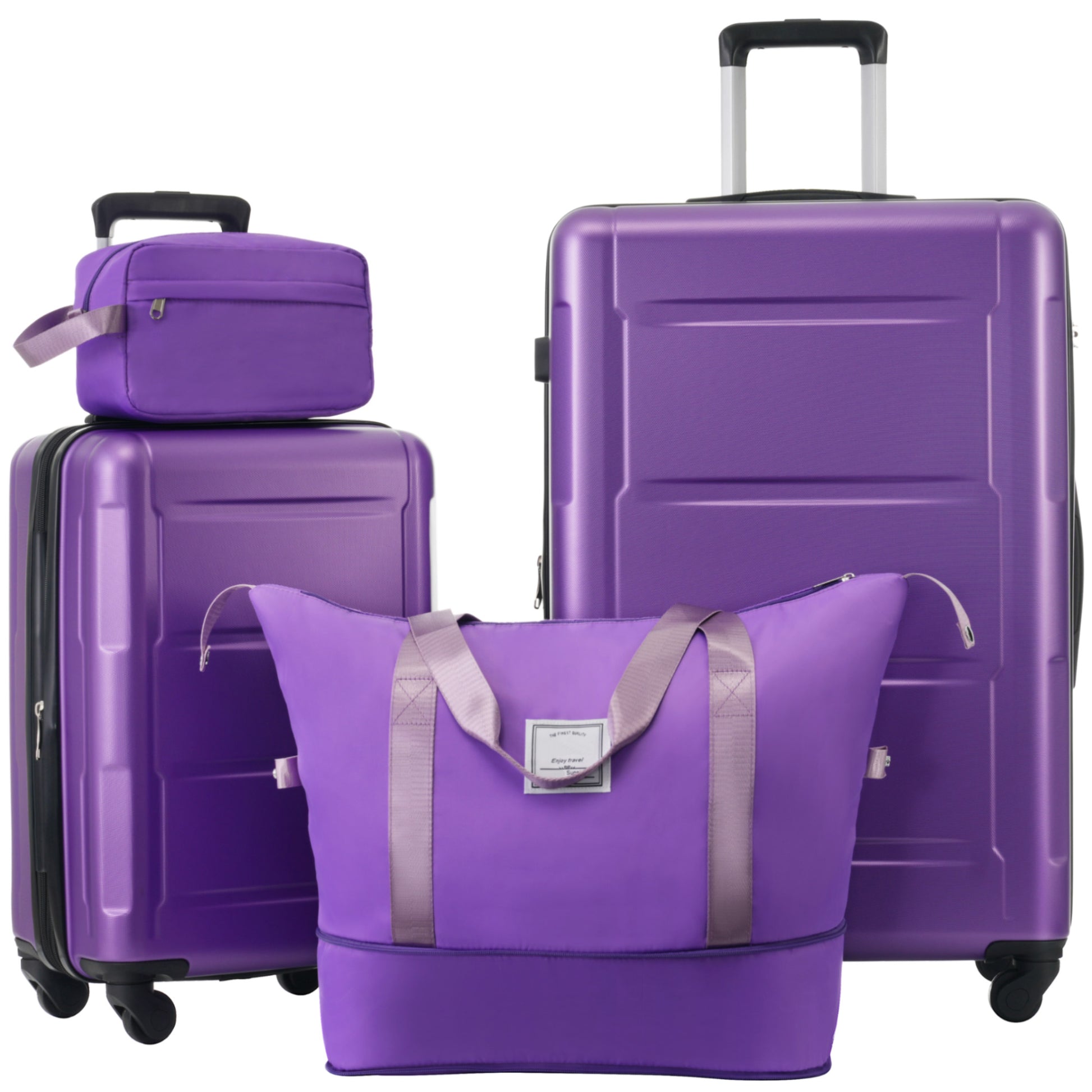 Three piece purple luggage set with a carryon medium spinner and duffel bag
