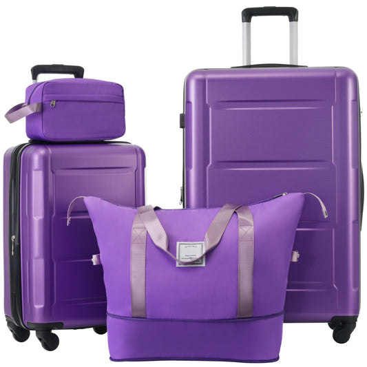 Three piece purple luggage set with a carryon medium spinner and duffel bag