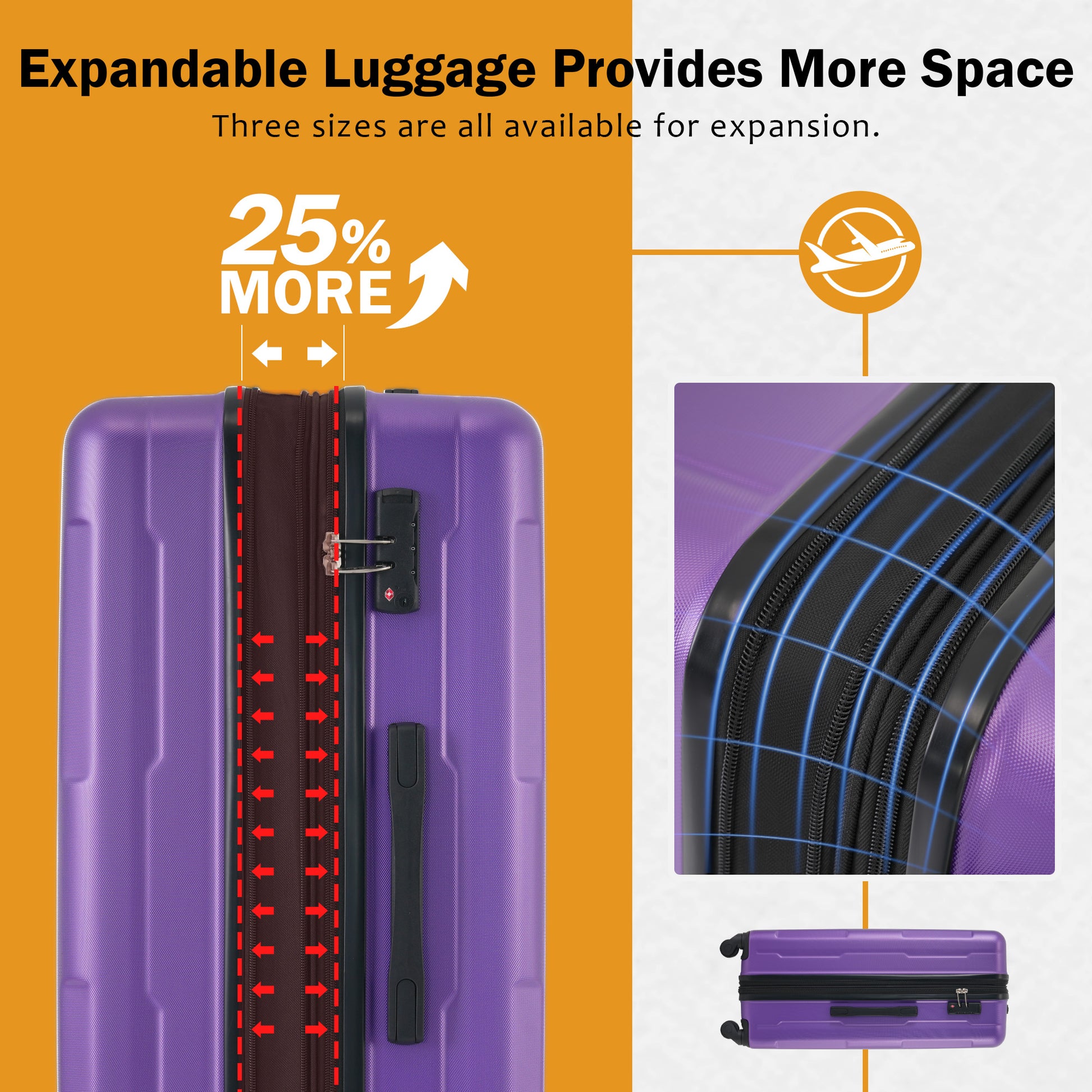 Purple expandable luggage with TSA lock shows  more space feature