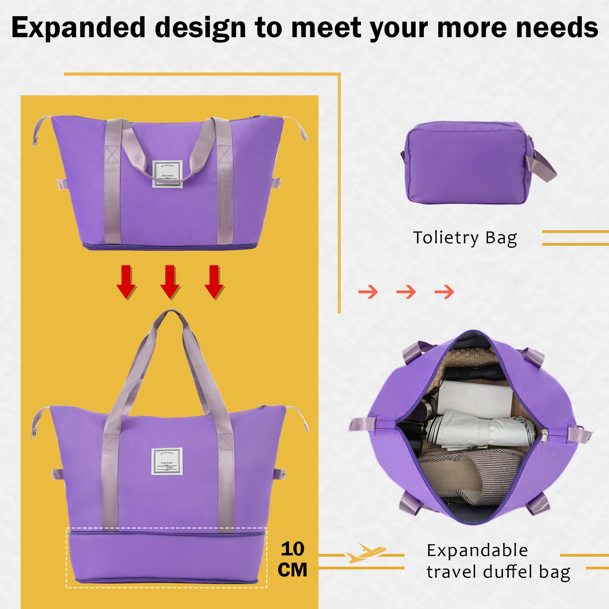 Purple expandable travel duffel bag designed for efficient packing and travel