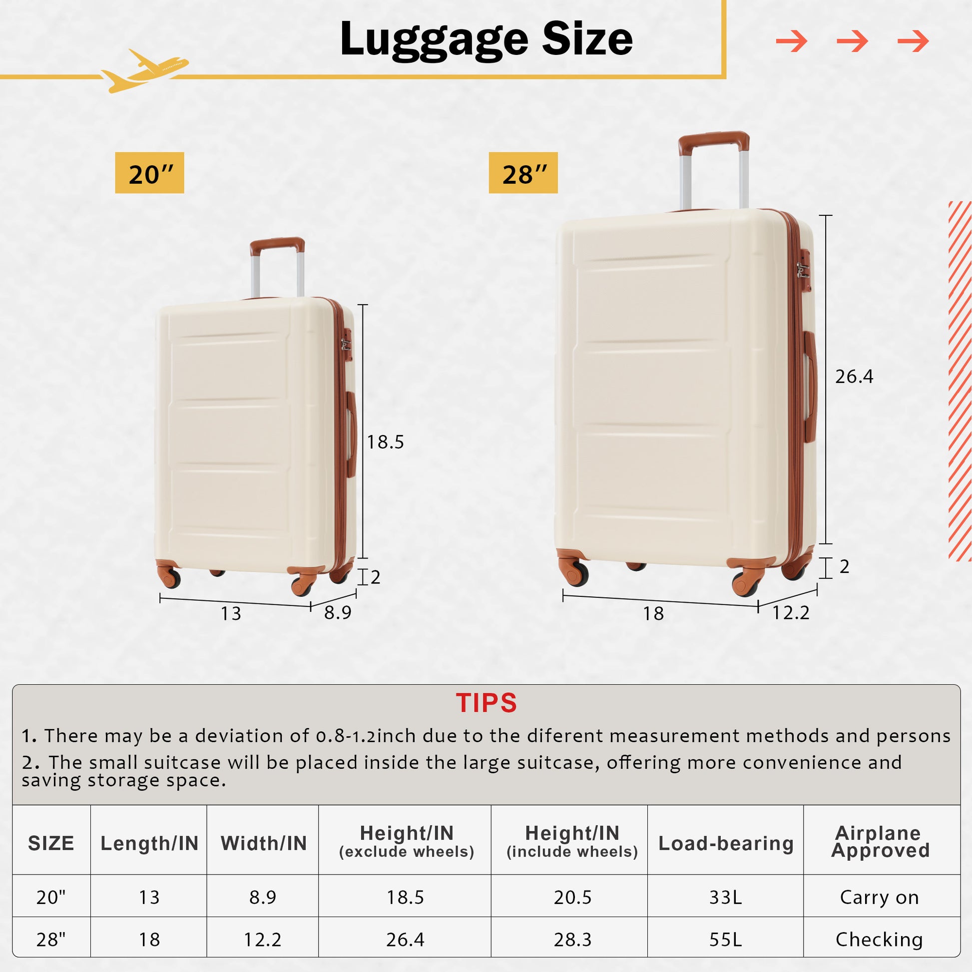 Cream luggage  inch dimensions xx inches with brown trim and wheels