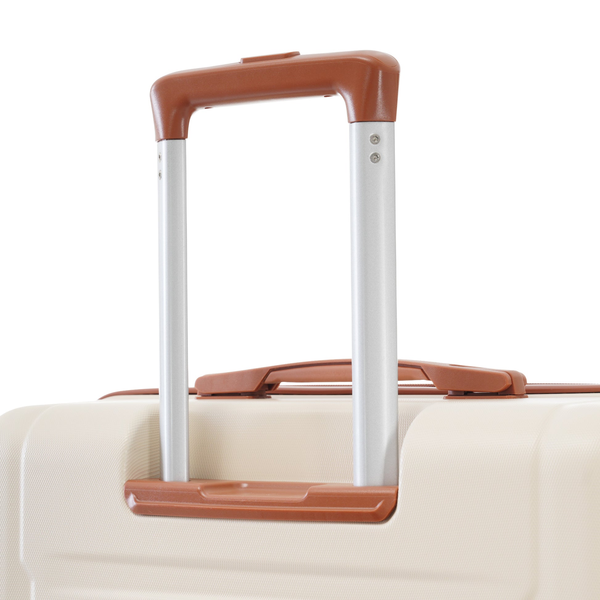 Closeup of the retractable handle mechanism on a cream textured suitcase with brown accents