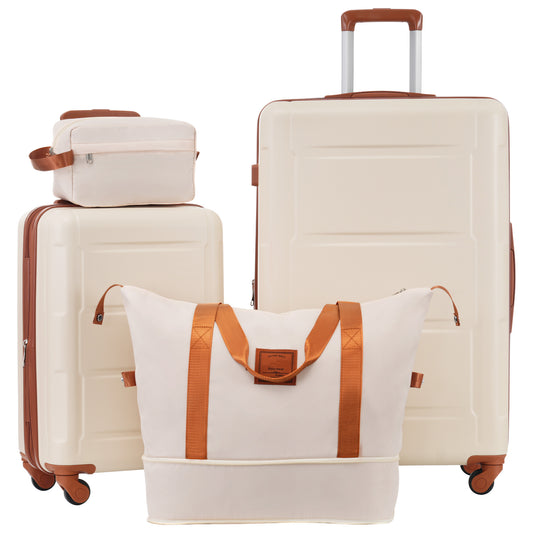 Cream and brown hardside luggage set with a duffel bag