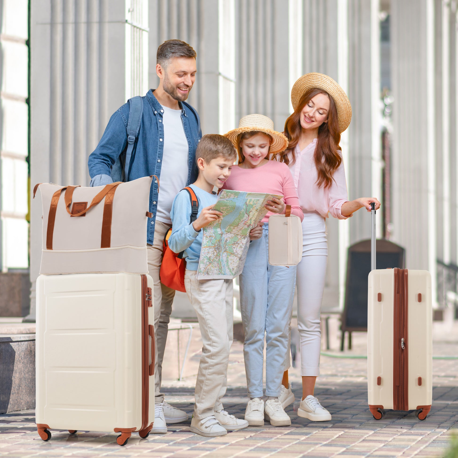 Cream spinner luggage set with brown accents perfect for family travel