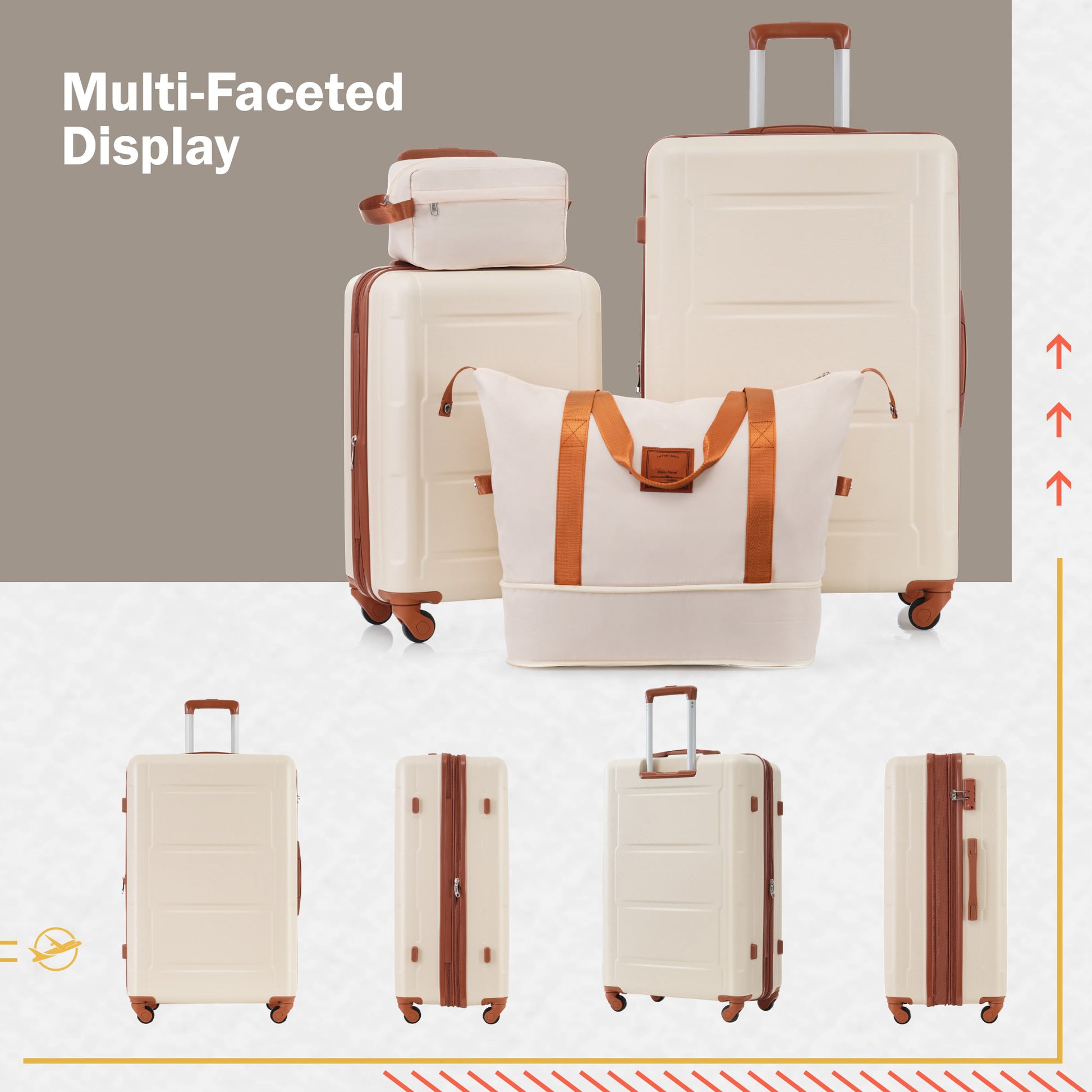 Set of cream luggage with brown accents including suitcases and a dopp kit