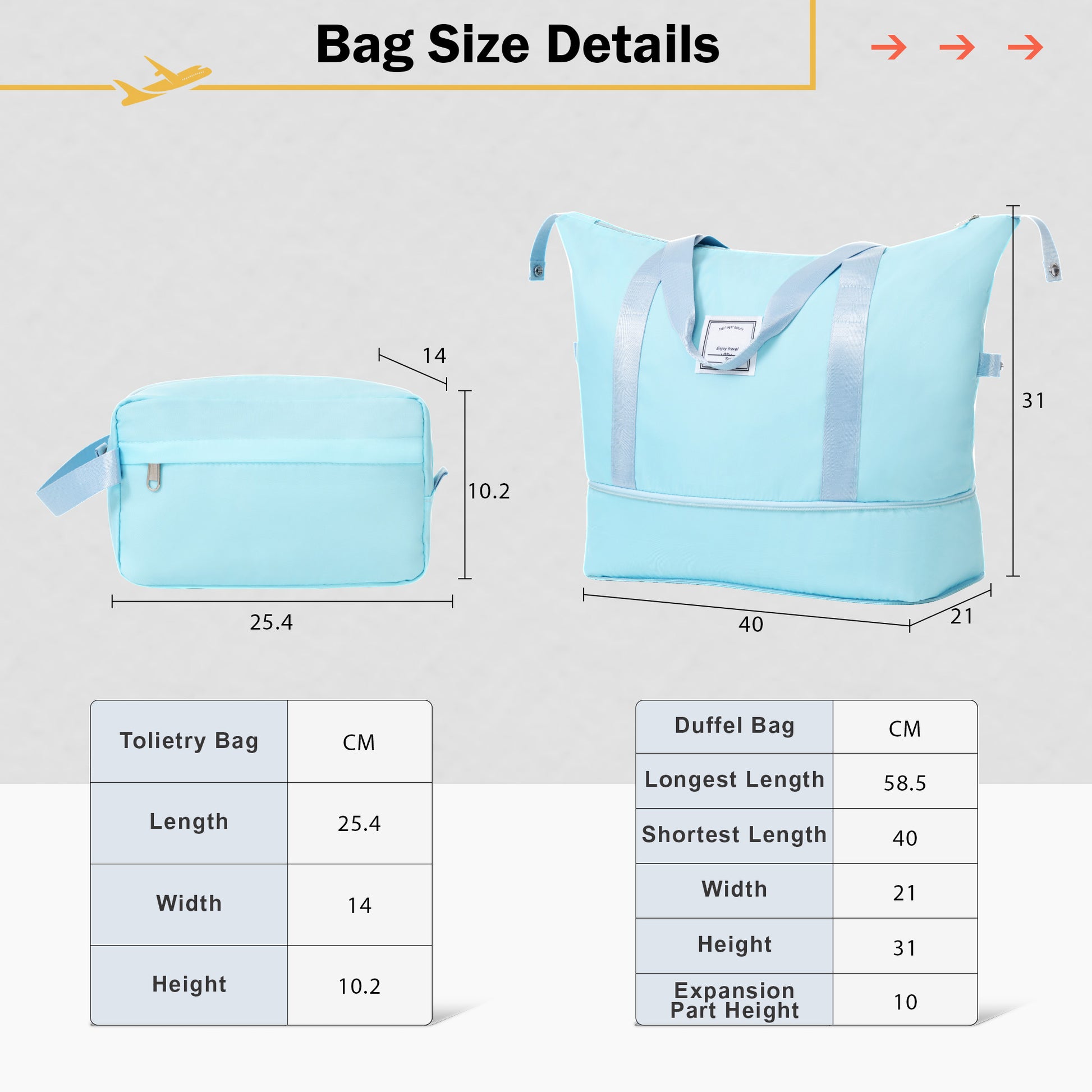 Light blue expandable duffel bag with dual handles dimensions xx cm perfect for travel