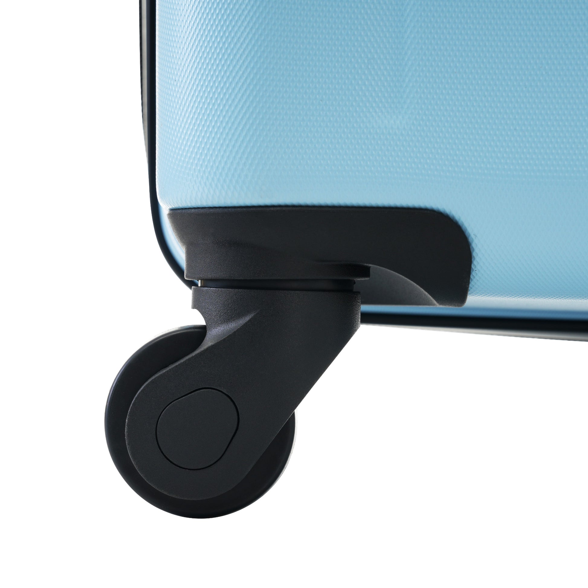 Closeup of a light blue textured suitcase with a black spinner wheel