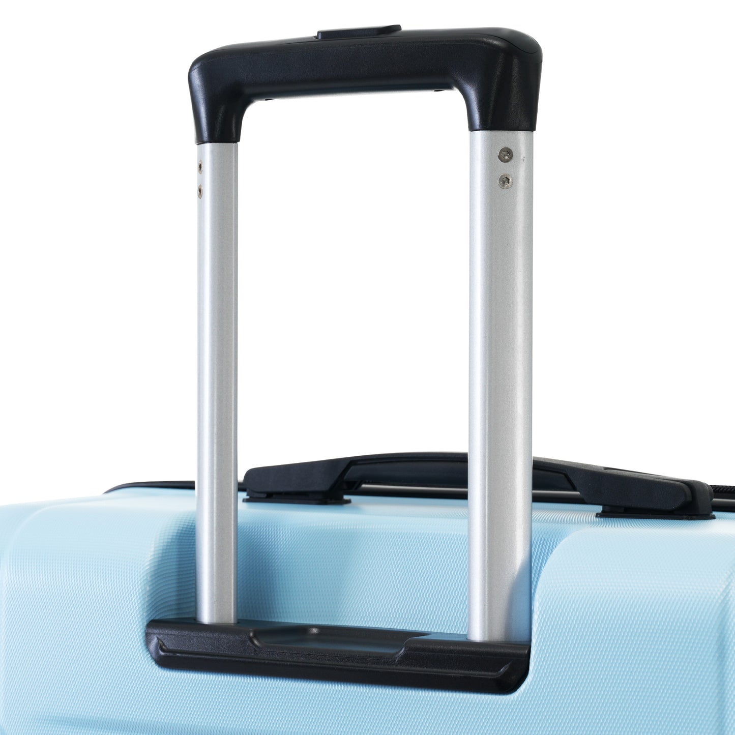Closeup of a light blue textured suitcase with a silver telescoping handle and black grip
