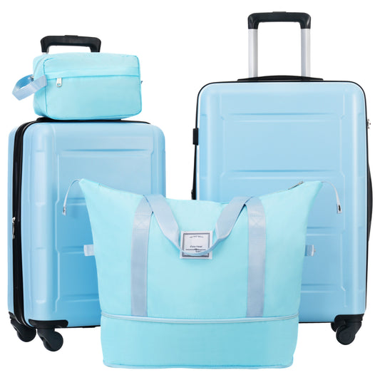 Light blue hardside spinner suitcase with extendable handle and front expandable duffel bag