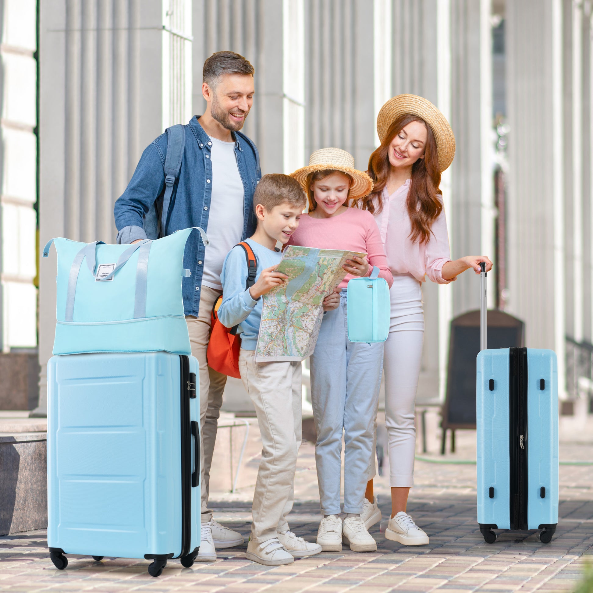Light blue hardshell rolling suitcase with black accents ideal for travel