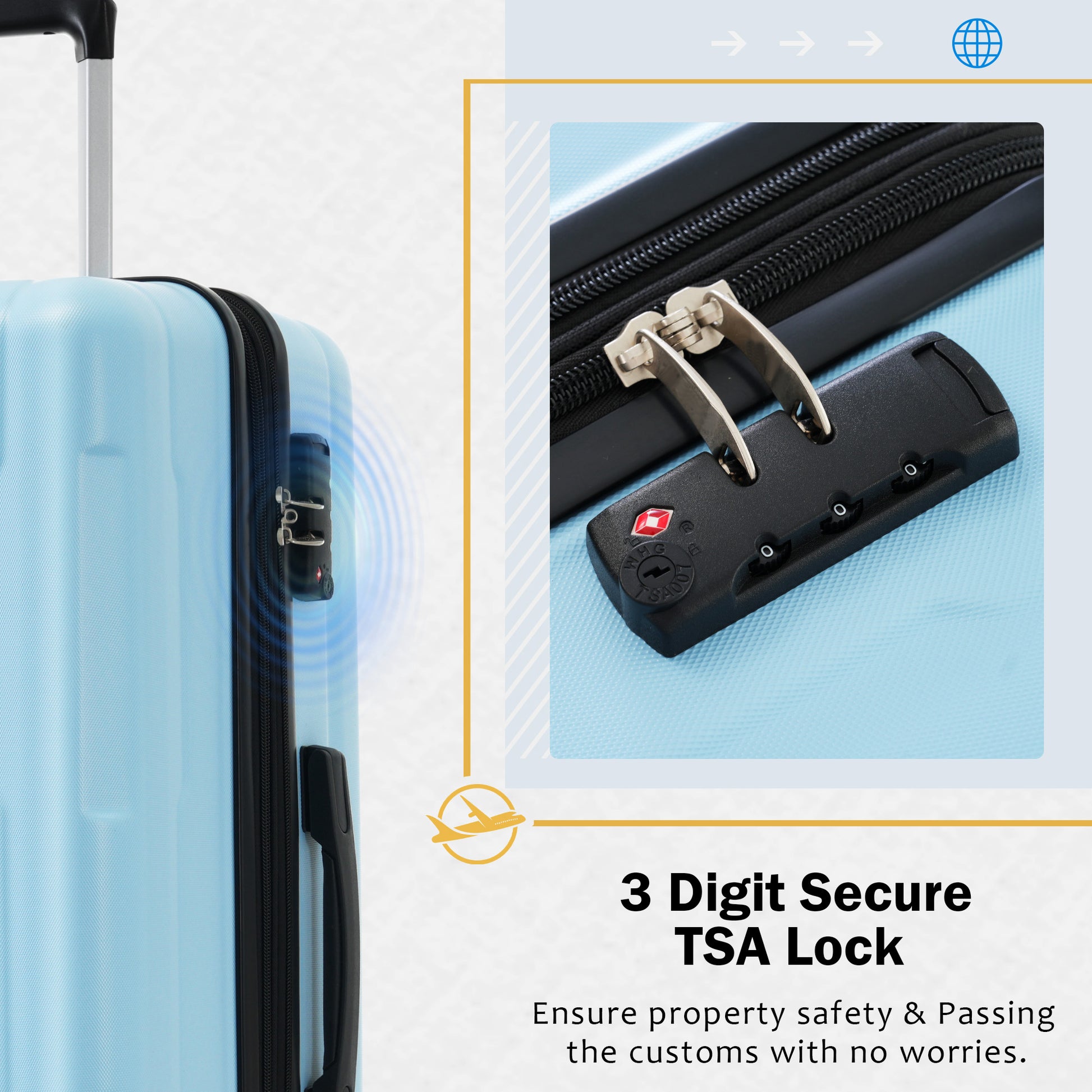 Light blue hardside suitcase with a black digit TSA lock for travel safety
