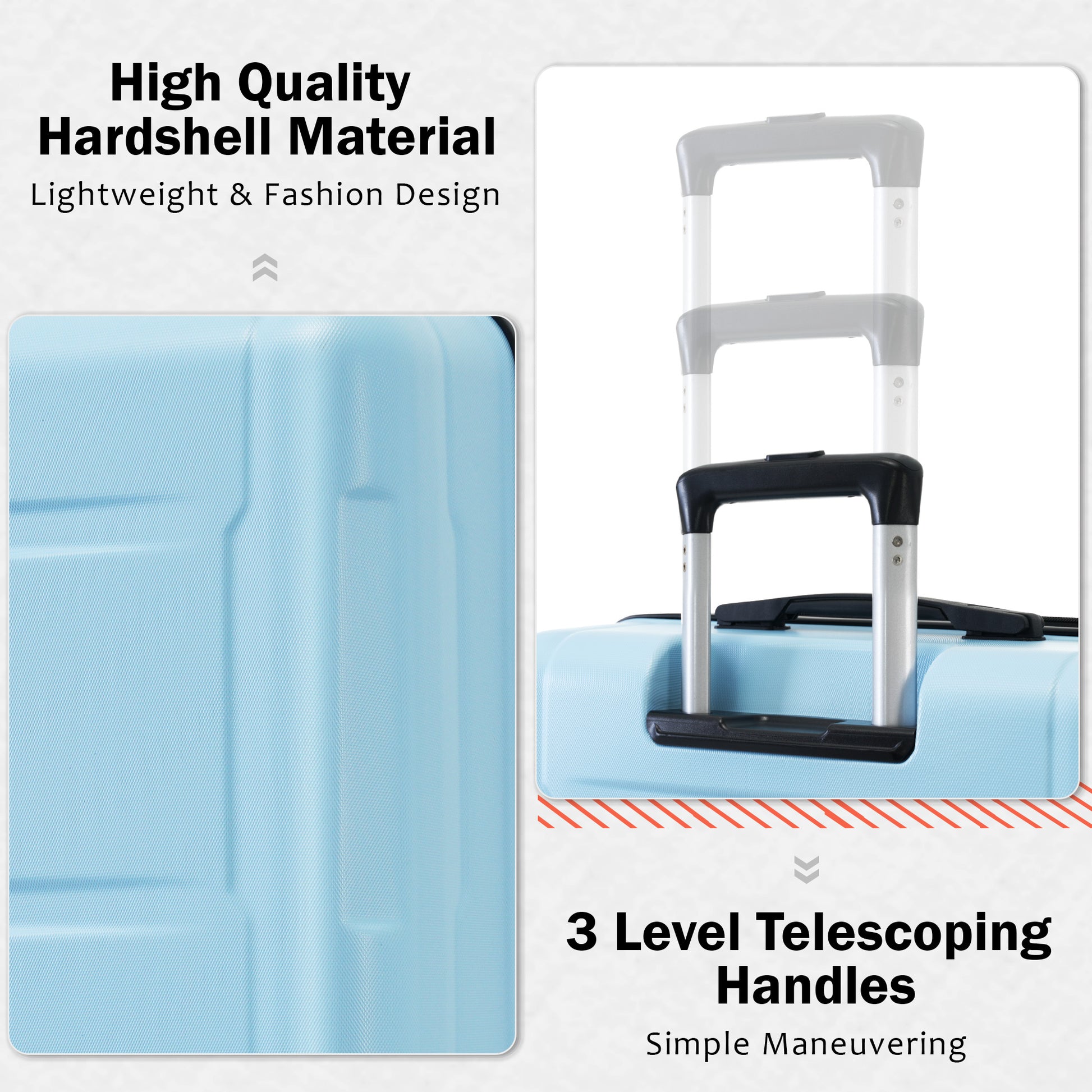 Light blue hardshell suitcase detail with textured surface