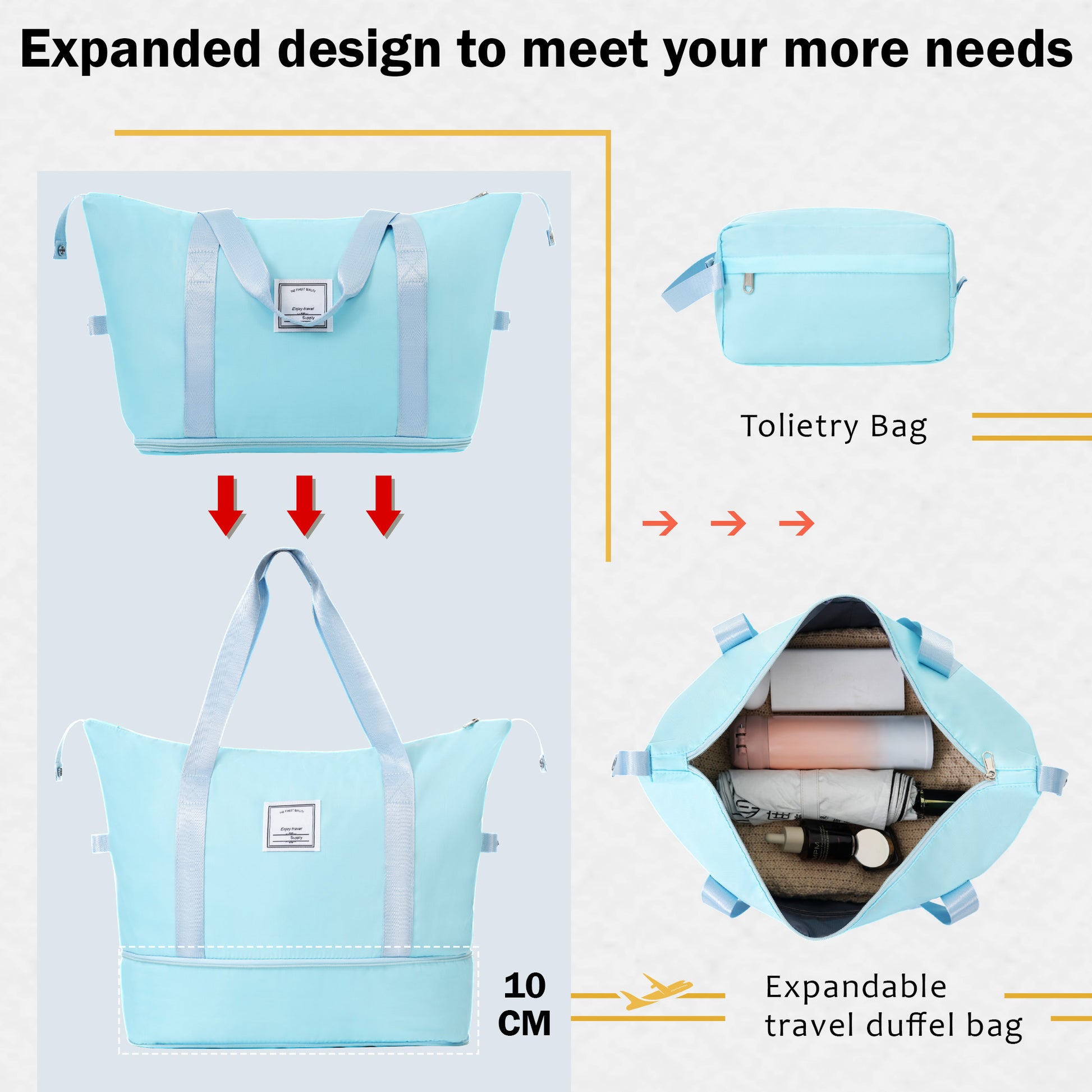 Light blue expandable travel duffel bag with light blue straps and a small care tag