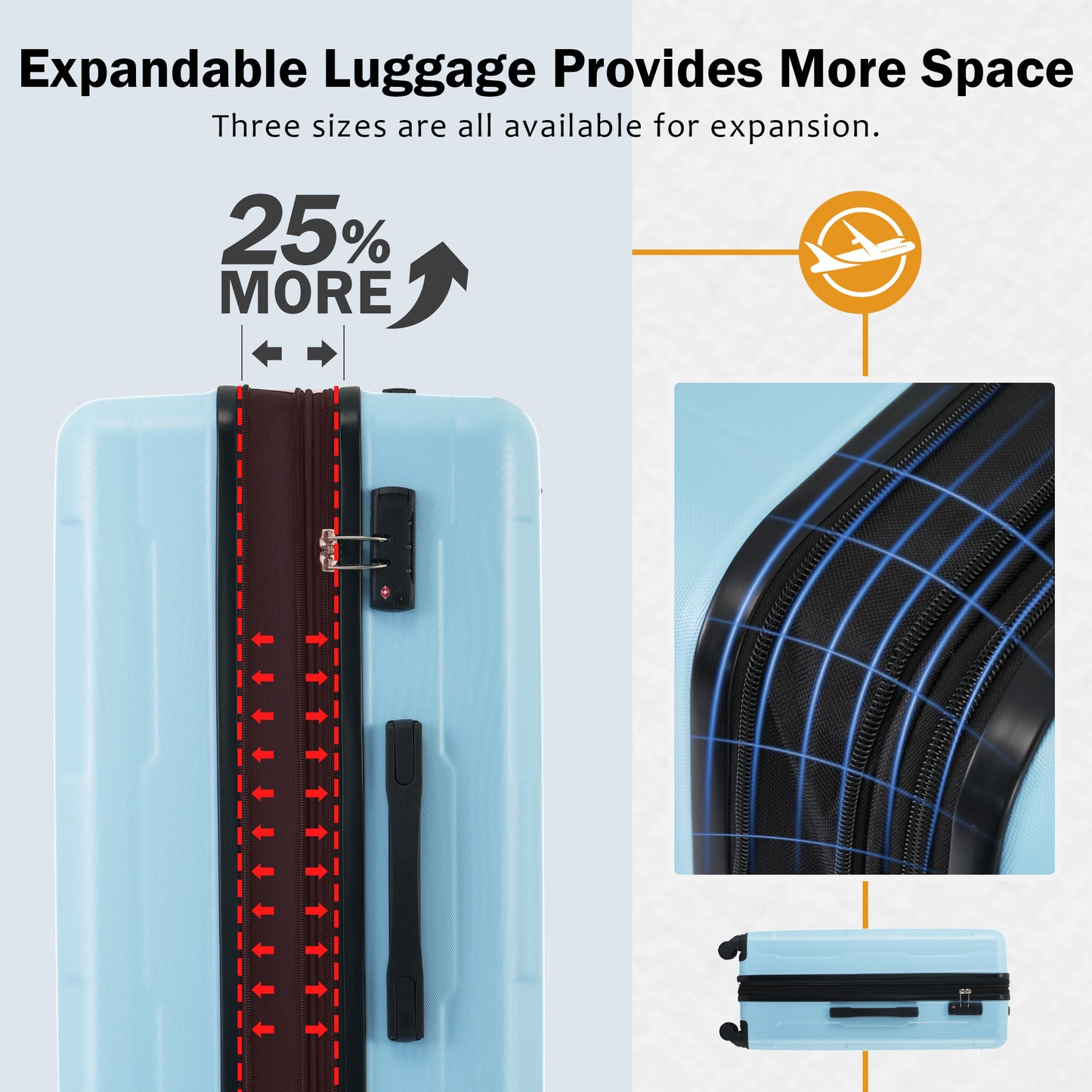 Light blue expandable luggage showing  more space with red arrow indicators