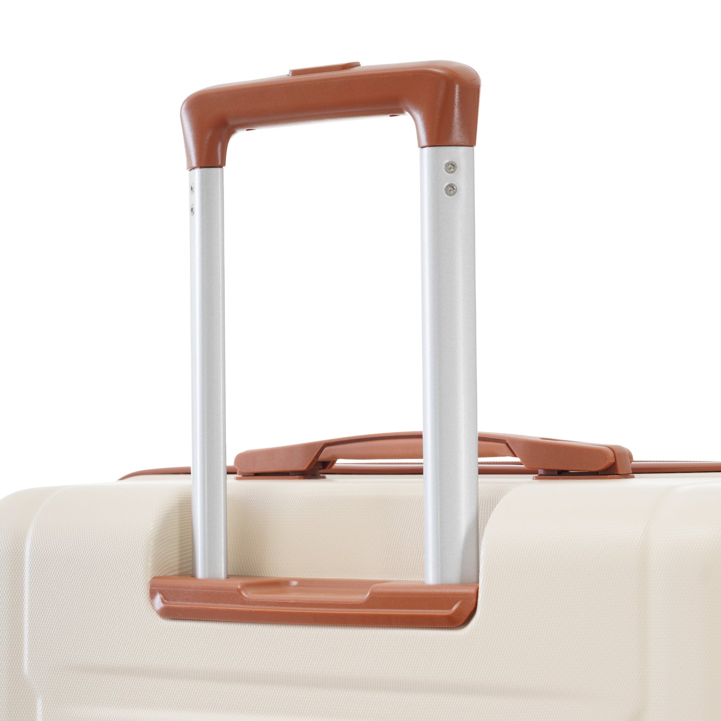 Cream hardshell suitcase with telescoping handle and leatherlook accents