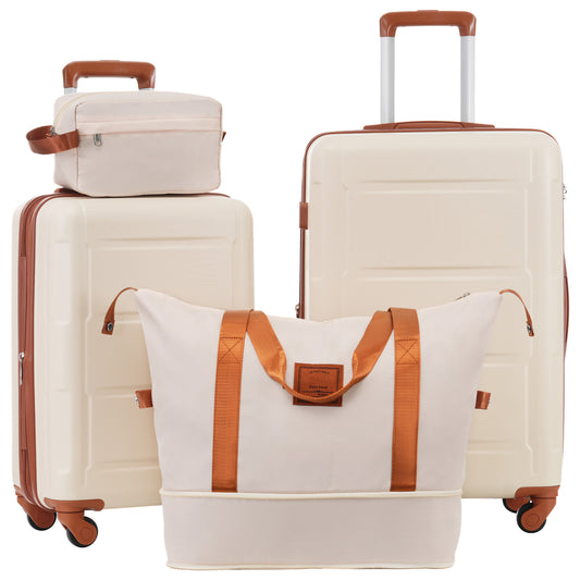 Creamcolored hardside luggage set with brown trim includes a carryon larger suitcase toiletry bag and duffel