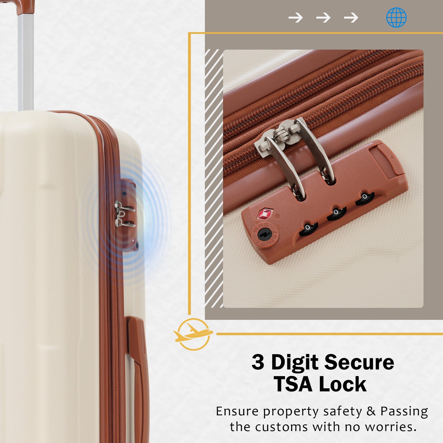Cream hardshell suitcase side with TSA lock and brown trim