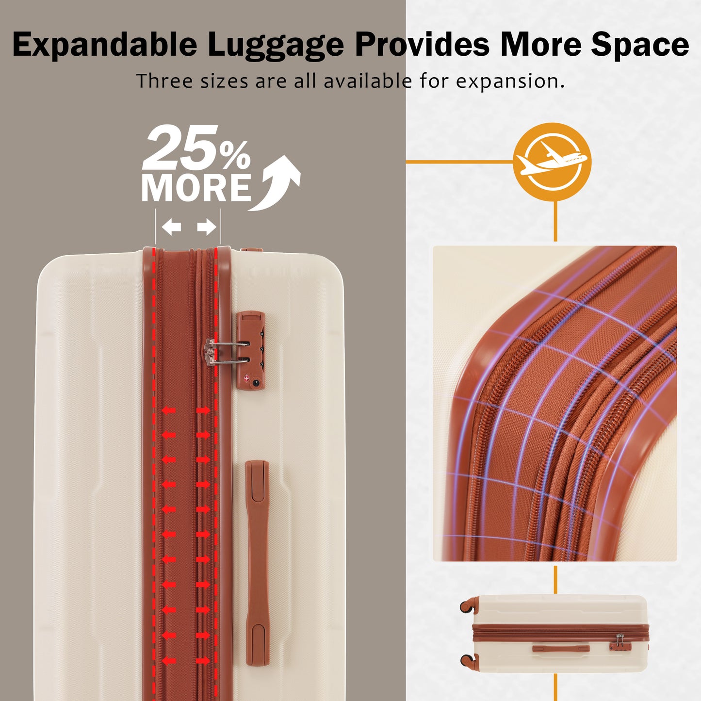 Cream expandable luggage with brown trim TSA lock and  more space capacity