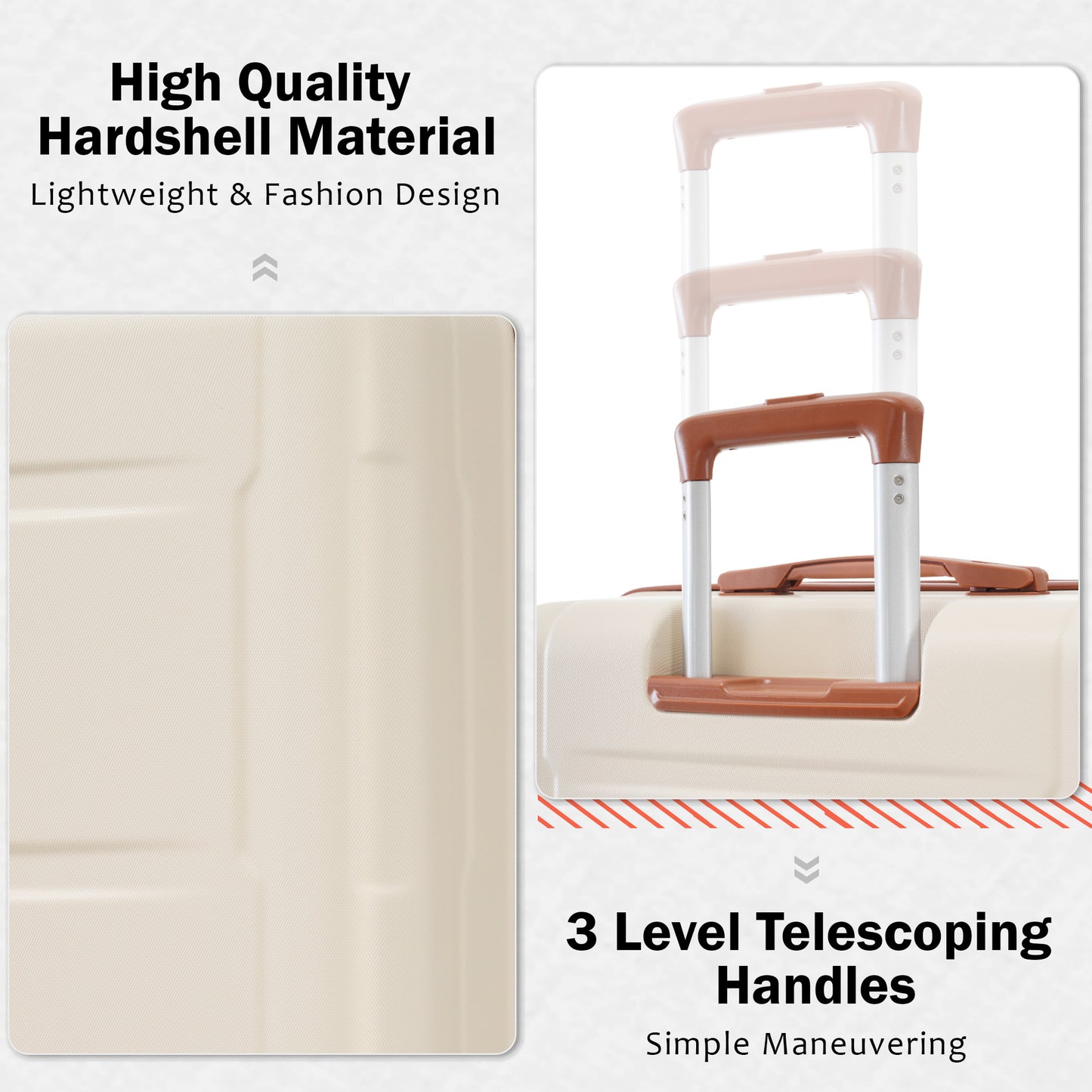 Beige hardshell luggage with brown level telescoping handles for travel