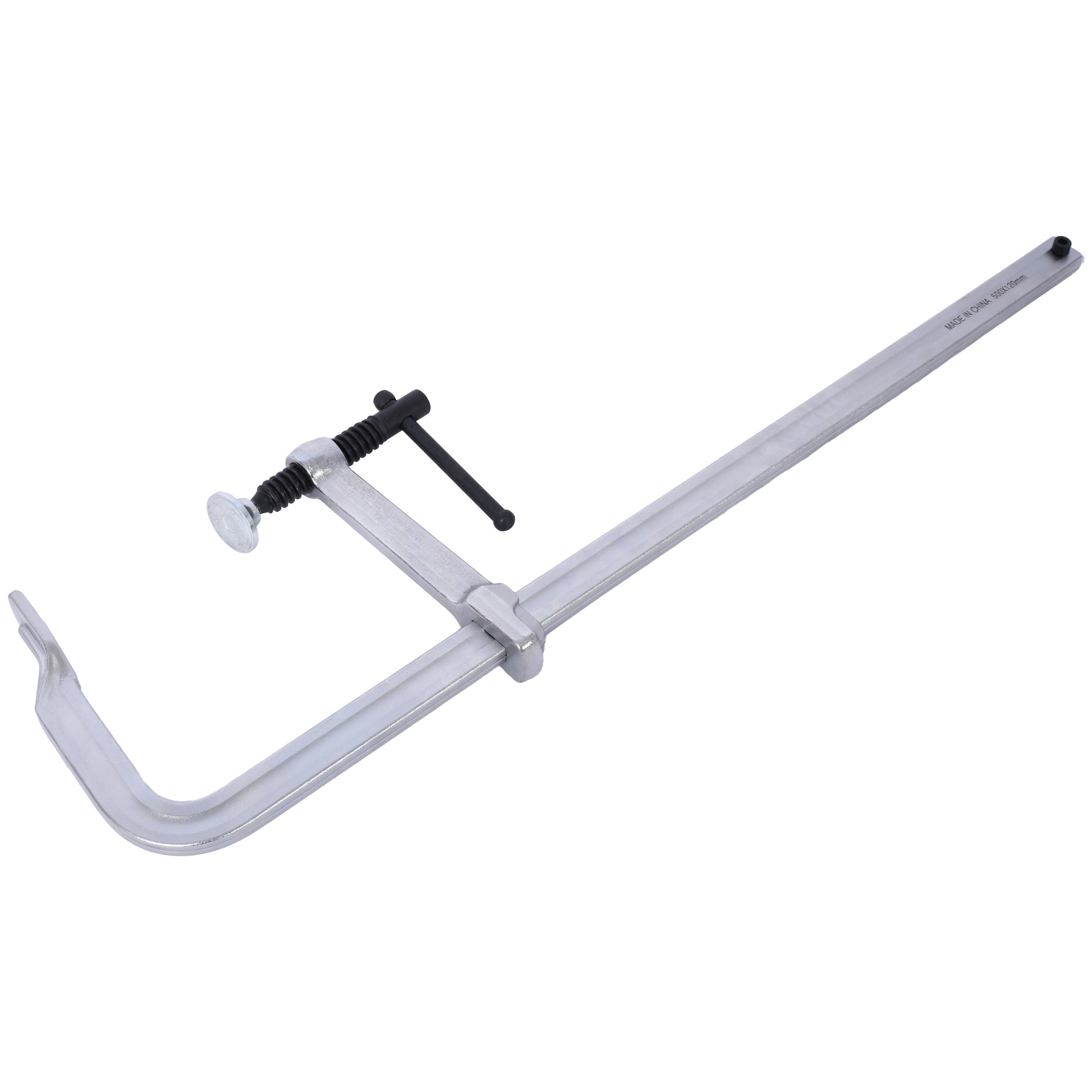 Silver metal Fclamp with black adjustable handle and threaded screw rod ideal for woodworking
