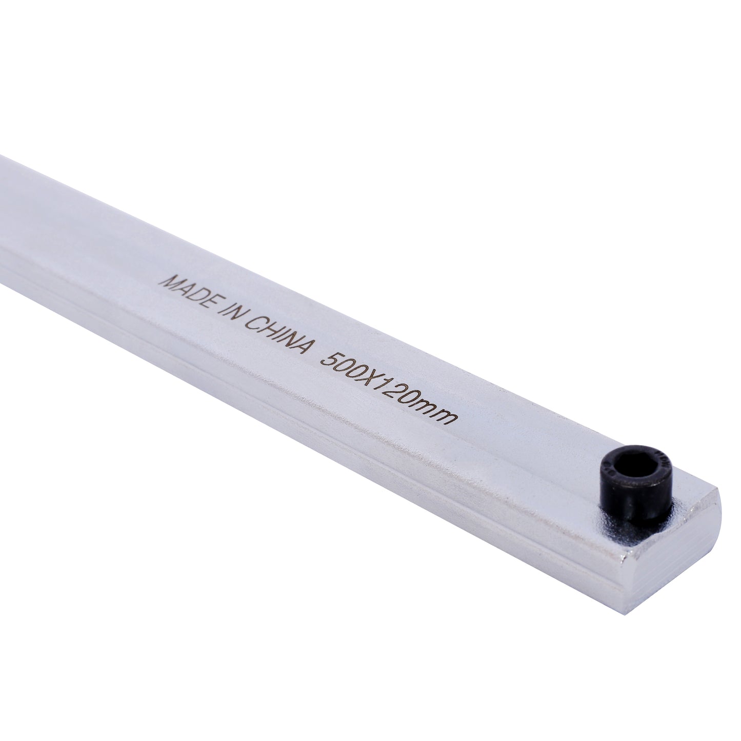 Metal measuring ruler with etched Xmm dimensions and a black bolt