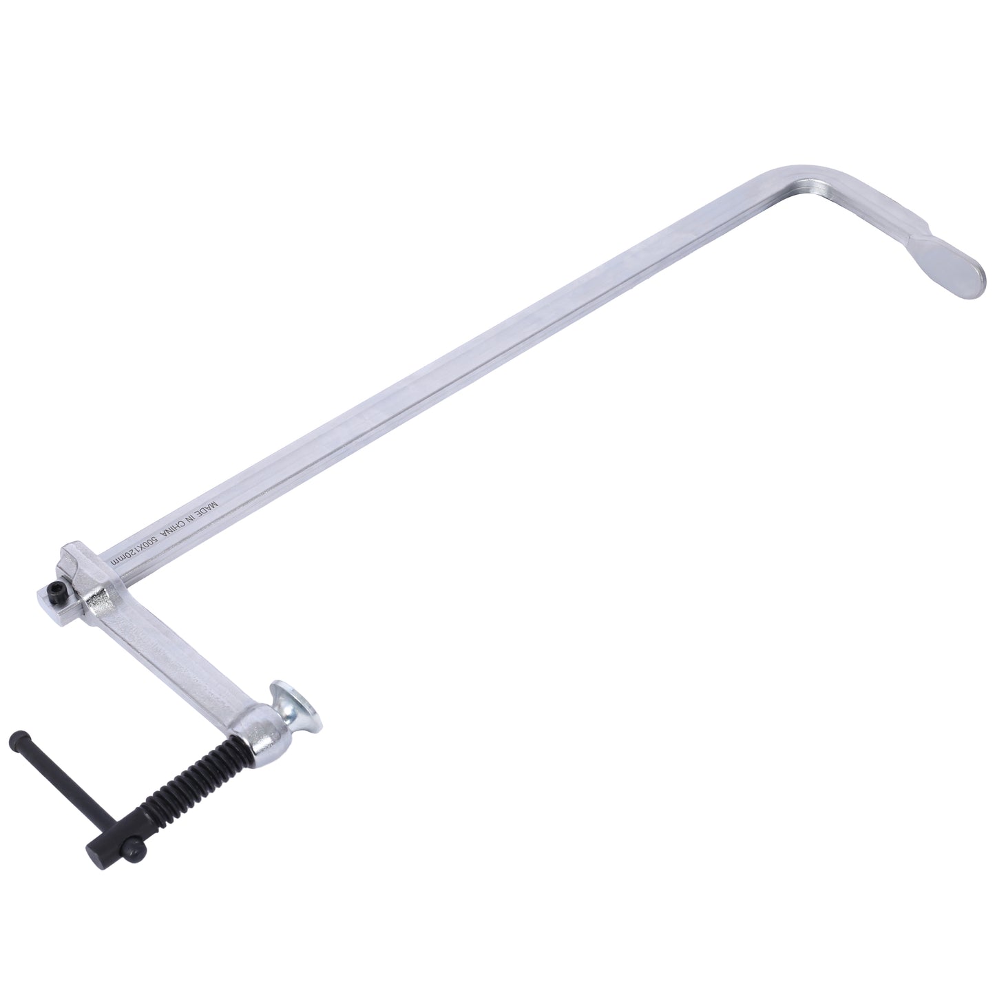 Silver metal Fclamp with black handle for woodworking and DIY projects