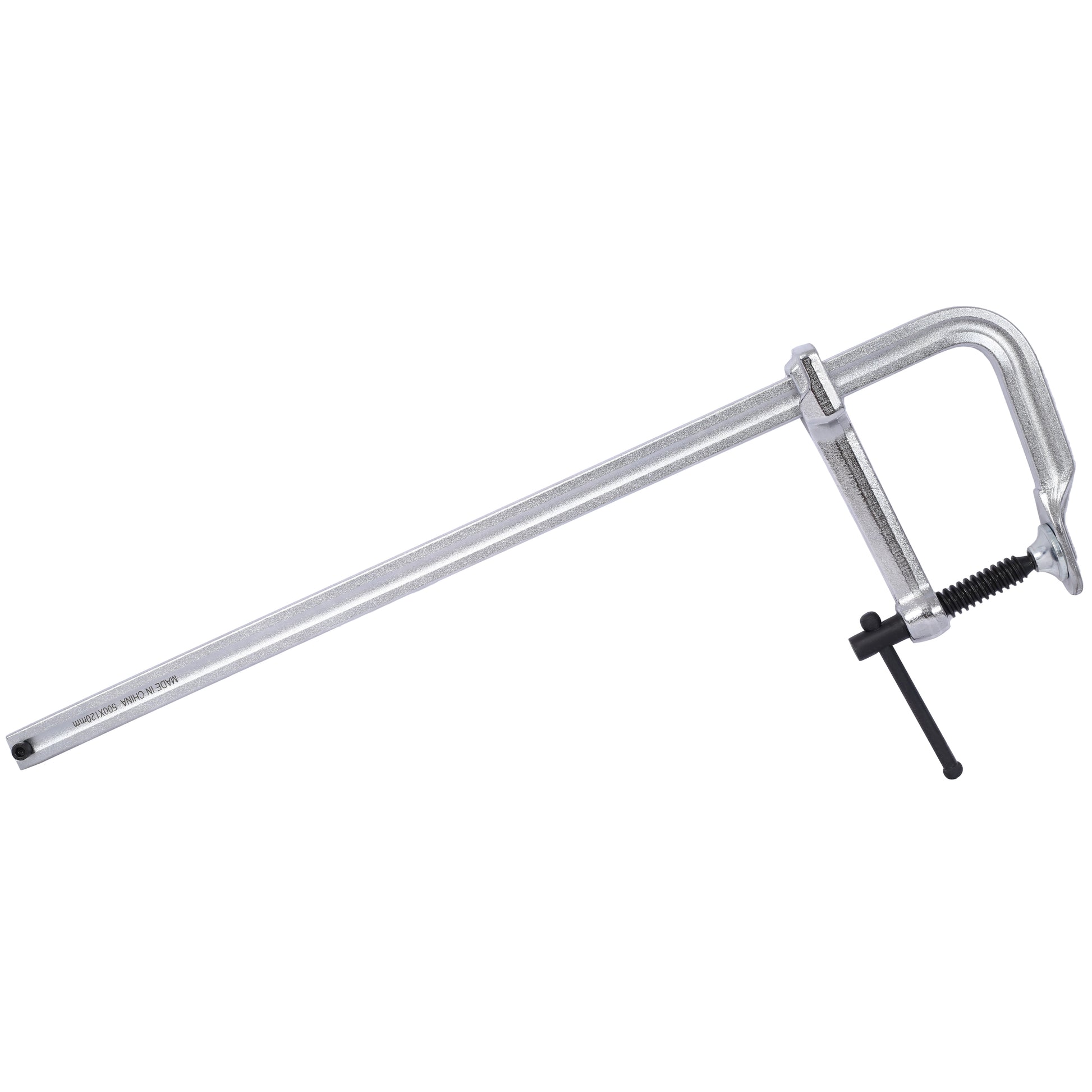 Silver metal Fclamp with black handle xmm for woodworking projects